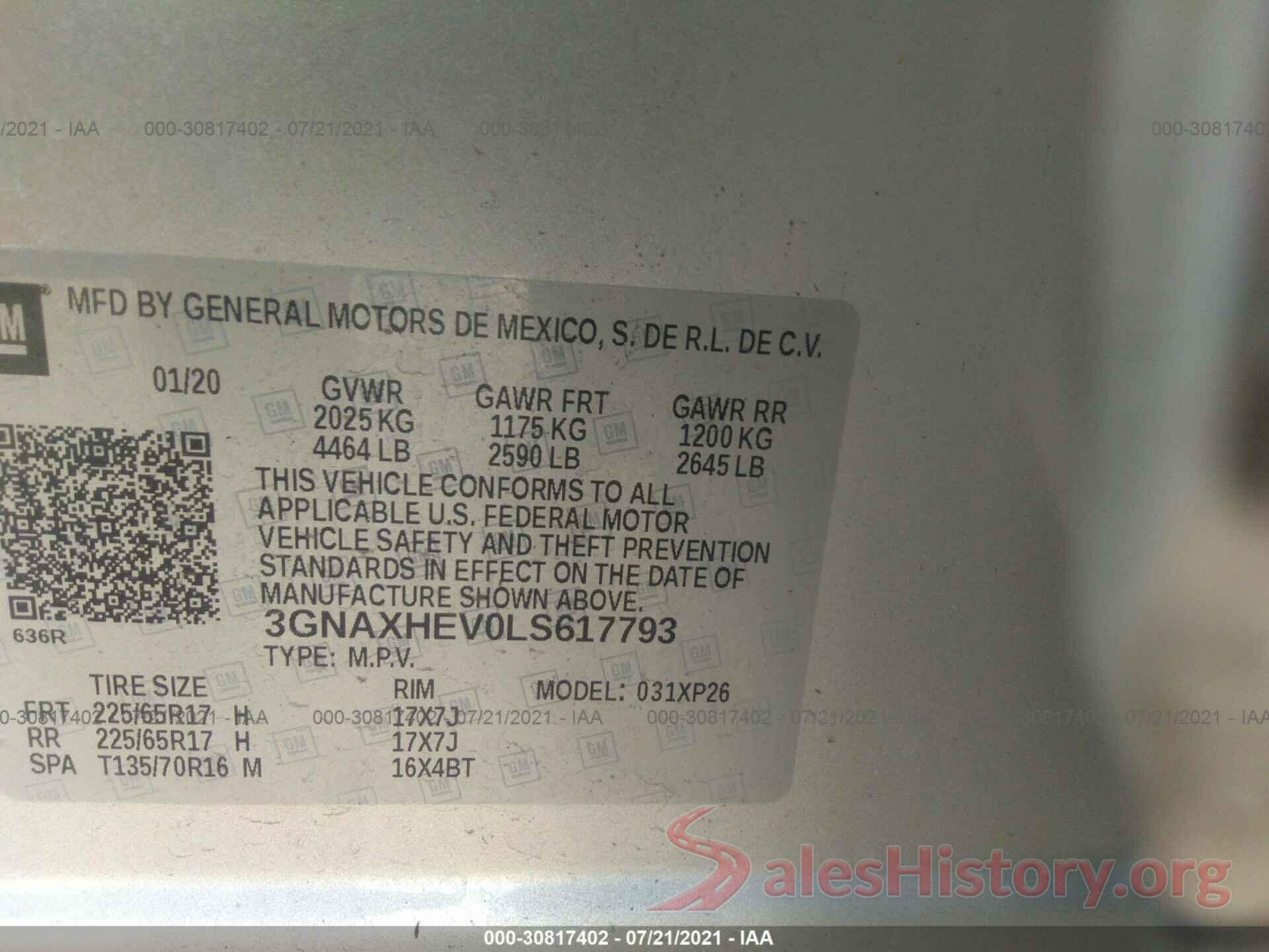 3GNAXHEV0LS617793 2020 CHEVROLET EQUINOX