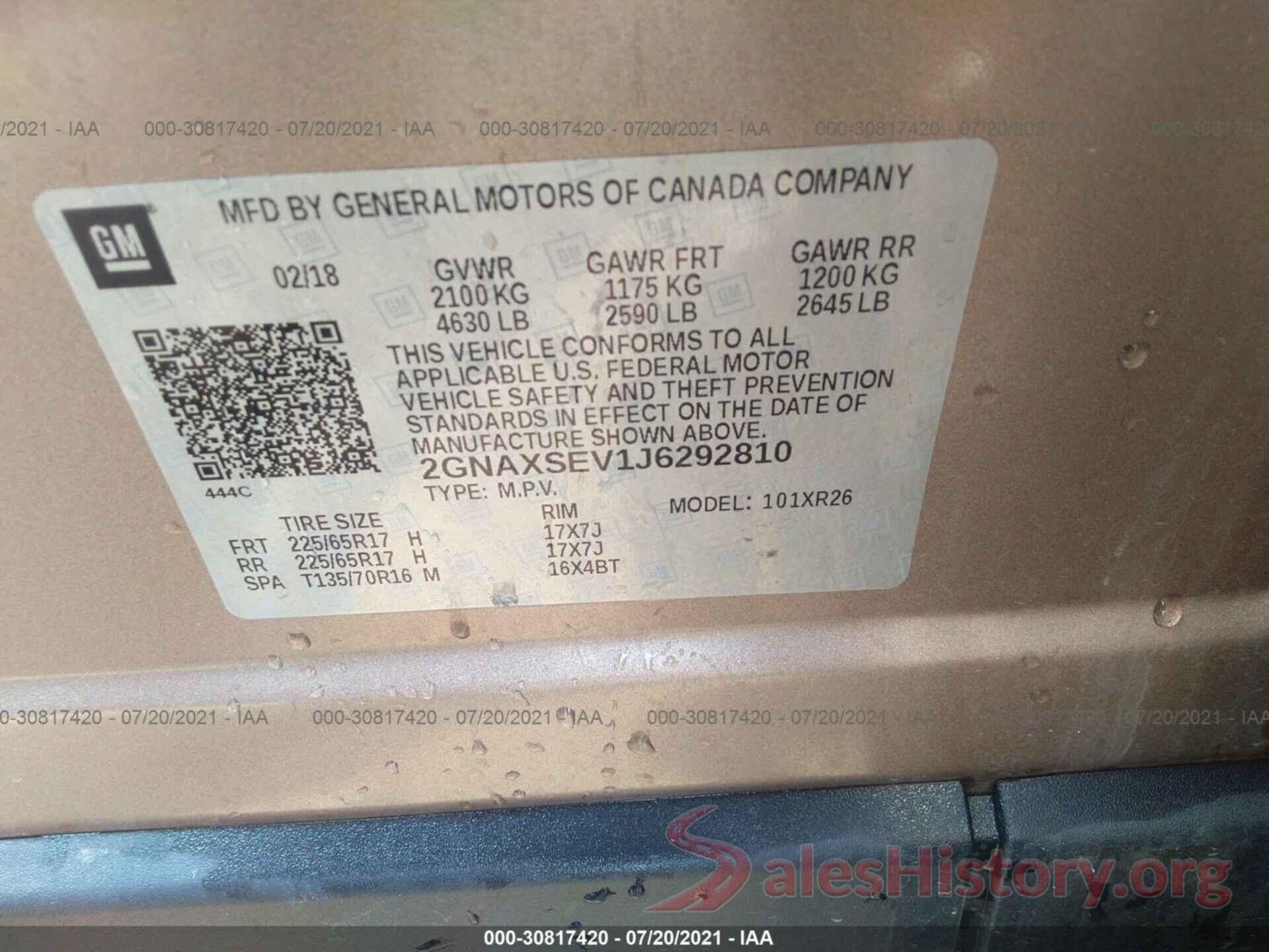 2GNAXSEV1J6292810 2018 CHEVROLET EQUINOX