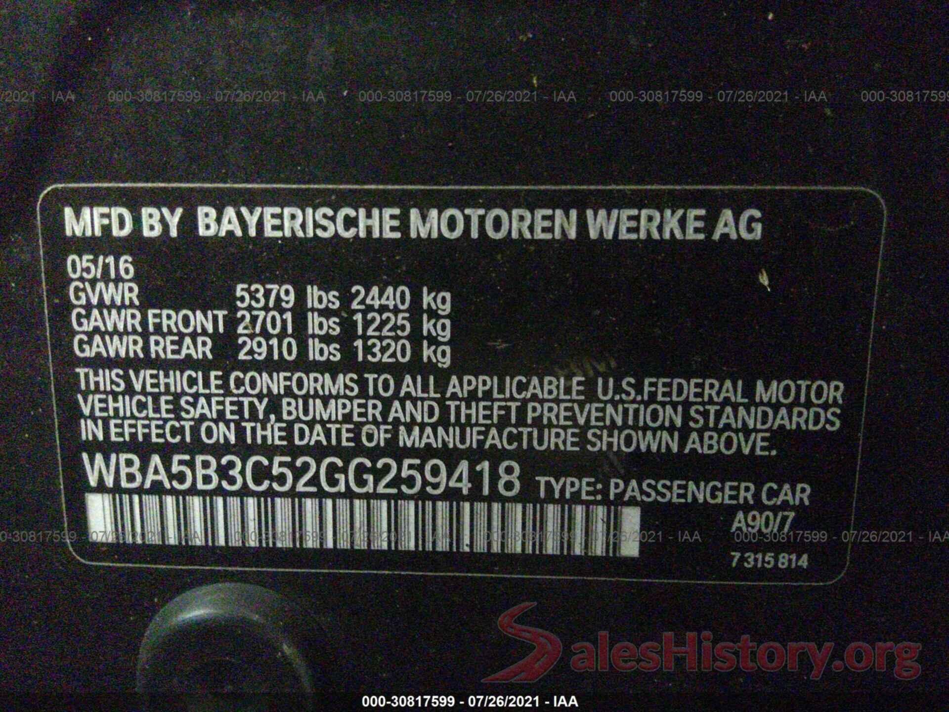 WBA5B3C52GG259418 2016 BMW 5 SERIES