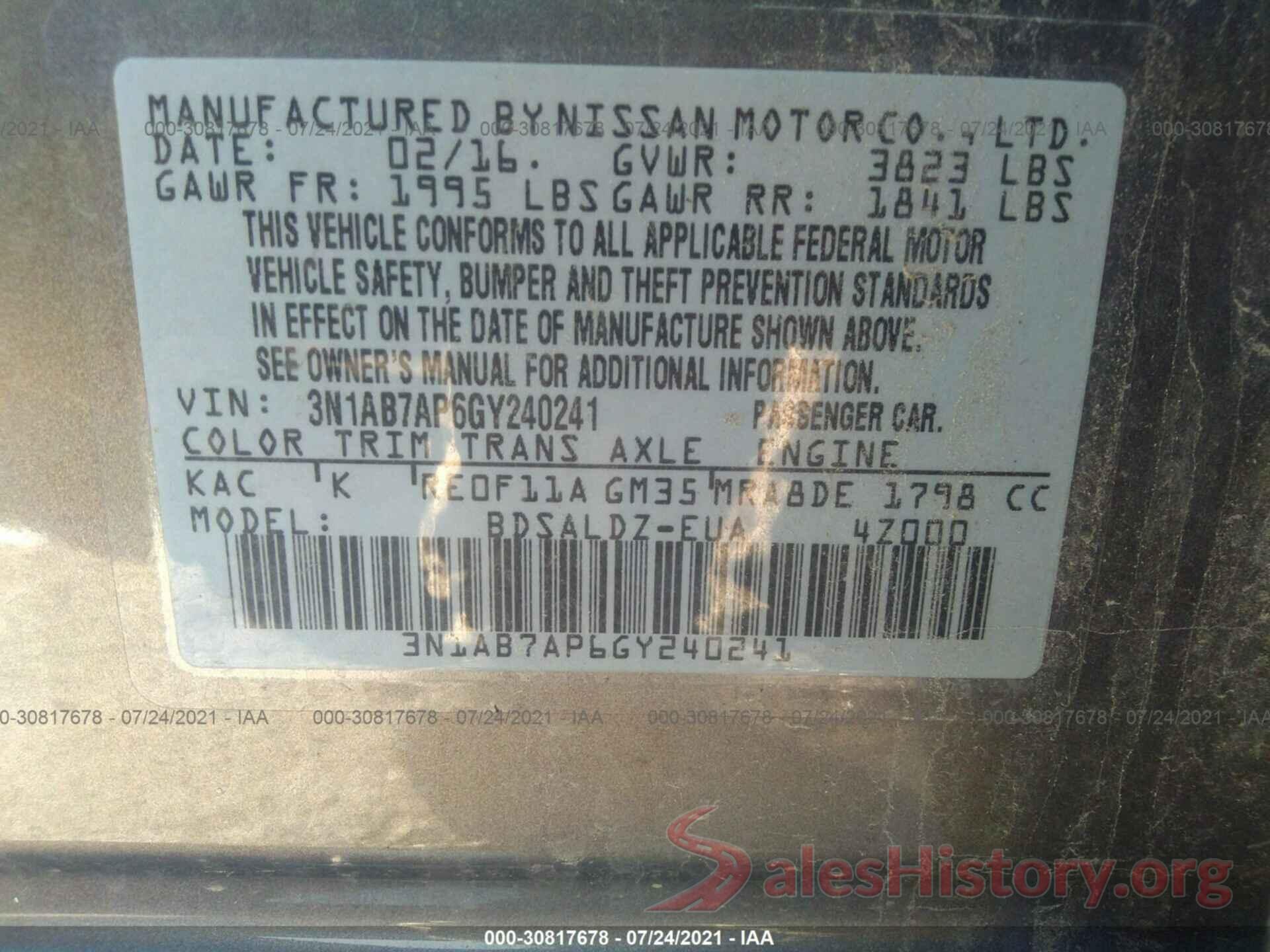 3N1AB7AP6GY240241 2016 NISSAN SENTRA