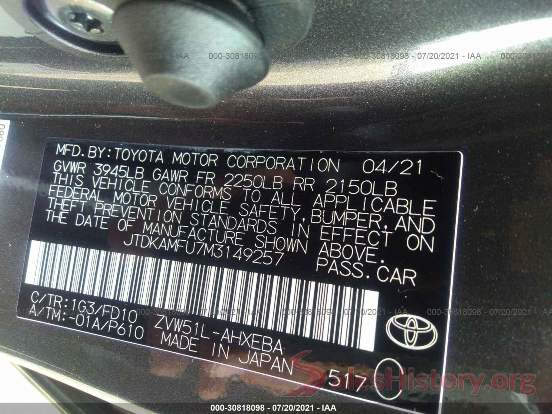 JTDKAMFU7M3149257 2021 TOYOTA PRIUS