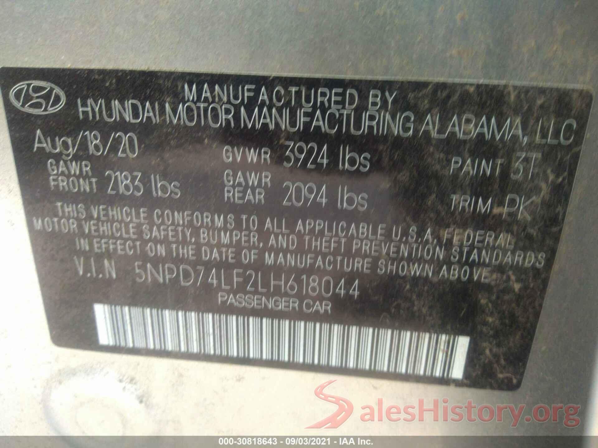 5NPD74LF2LH618044 2020 HYUNDAI ELANTRA