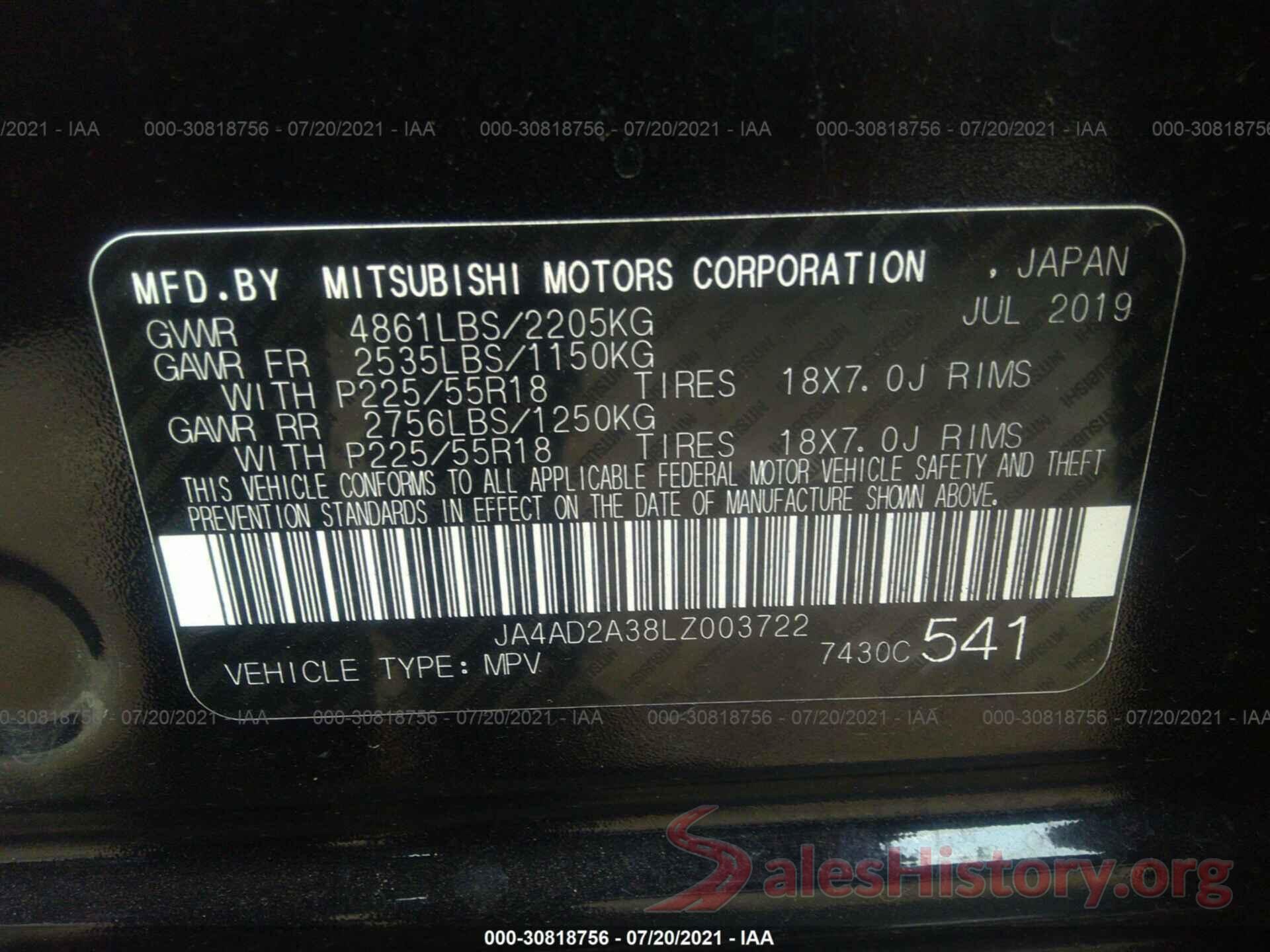 JA4AD2A38LZ003722 2020 MITSUBISHI OUTLANDER