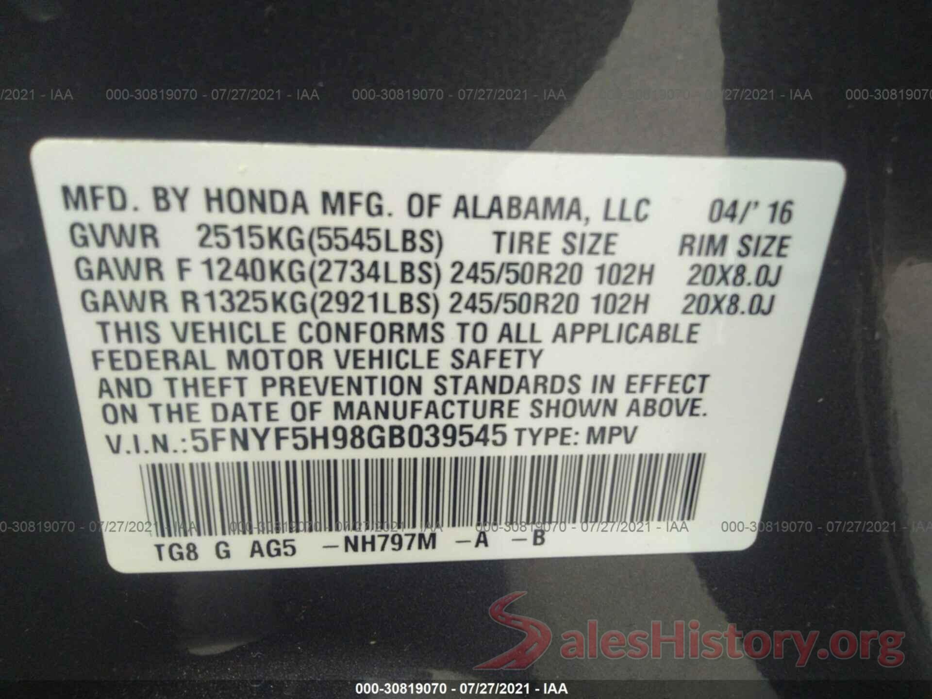 5FNYF5H98GB039545 2016 HONDA PILOT