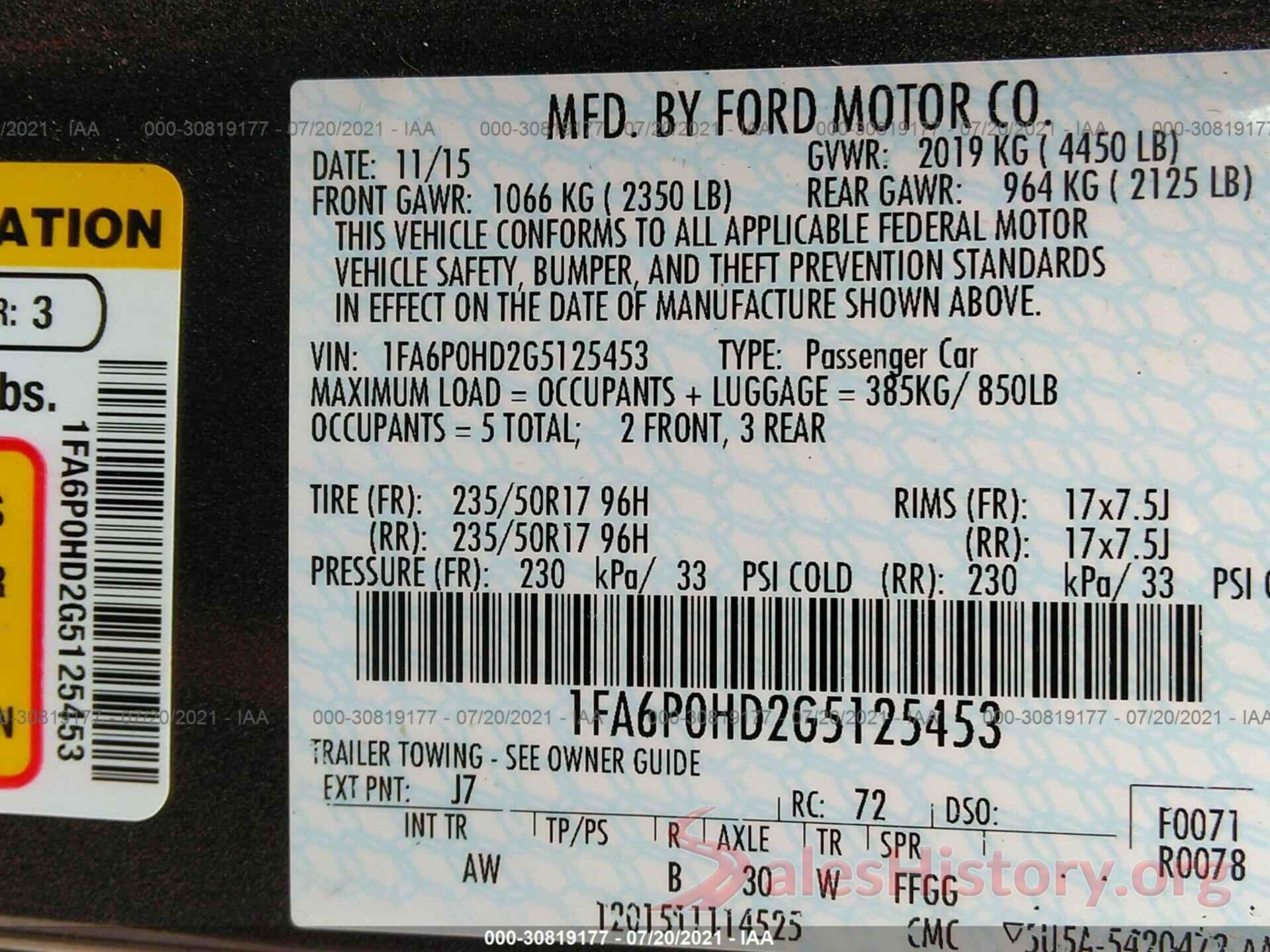 1FA6P0HD2G5125453 2016 FORD FUSION