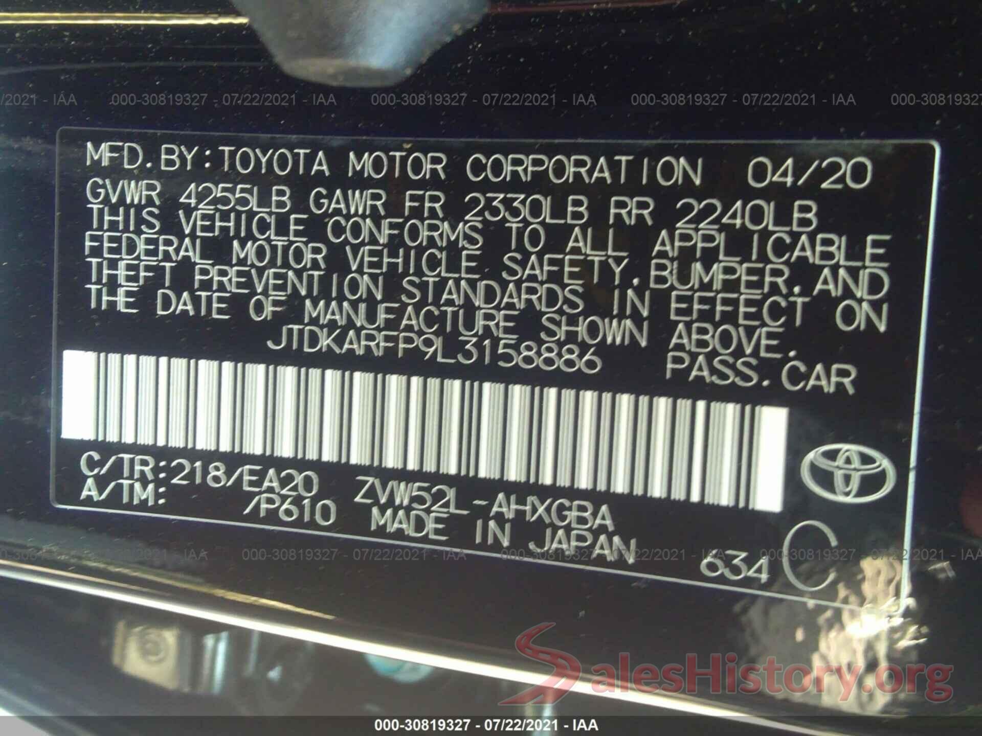 JTDKARFP9L3158886 2020 TOYOTA PRIUS PRIME