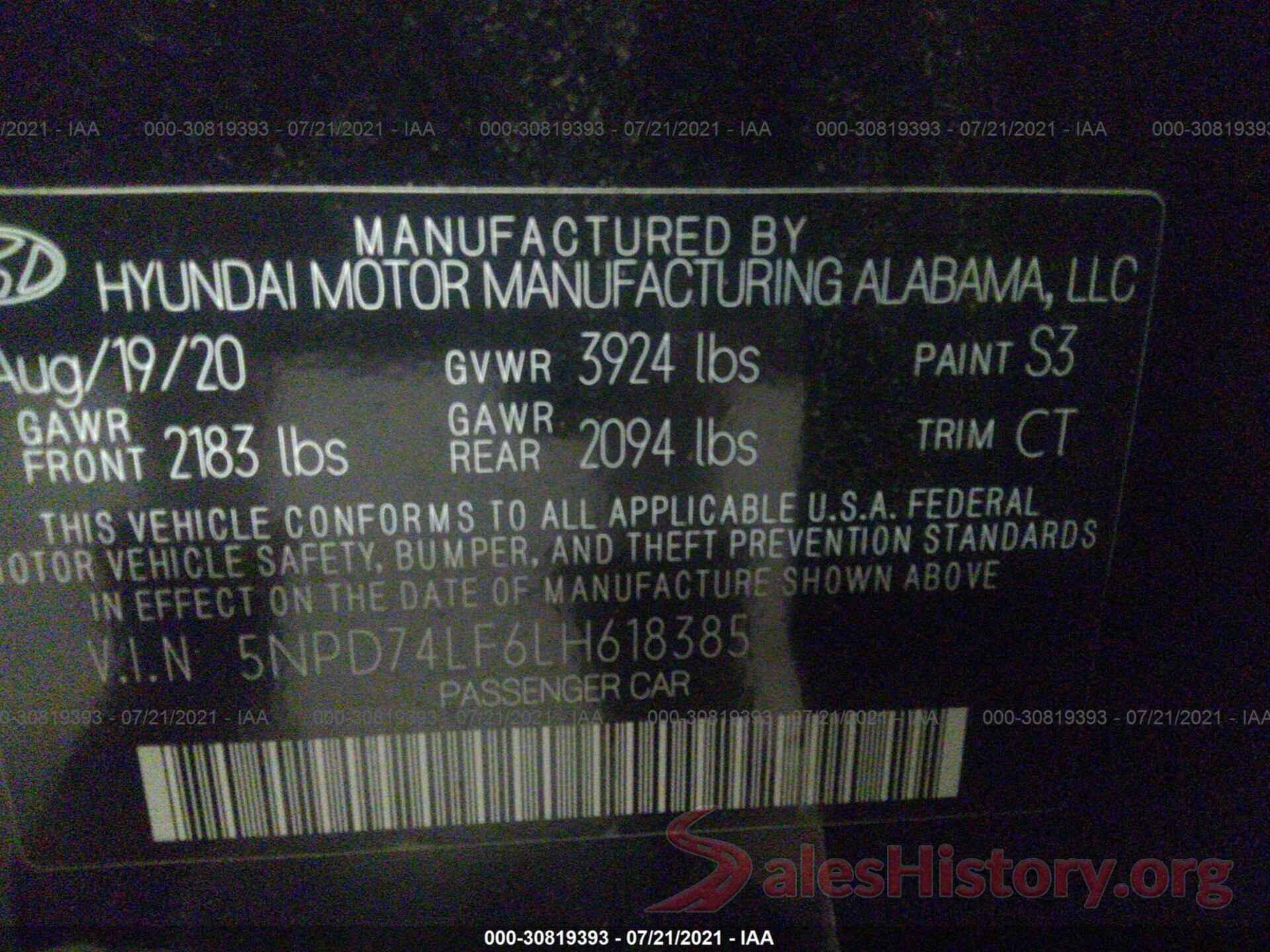 5NPD74LF6LH618385 2020 HYUNDAI ELANTRA