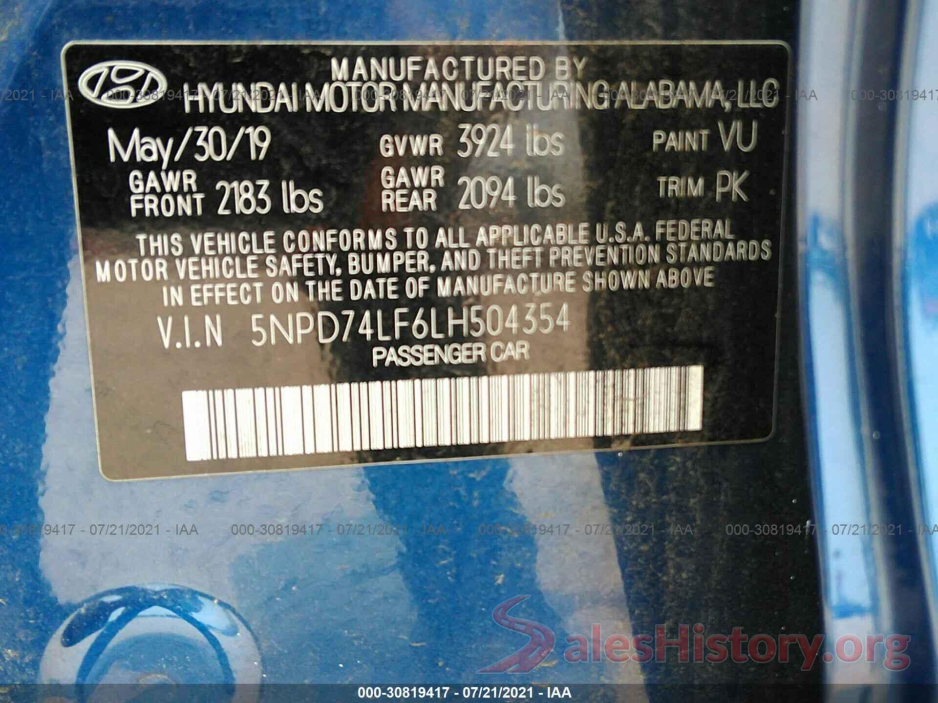 5NPD74LF6LH504354 2020 HYUNDAI ELANTRA