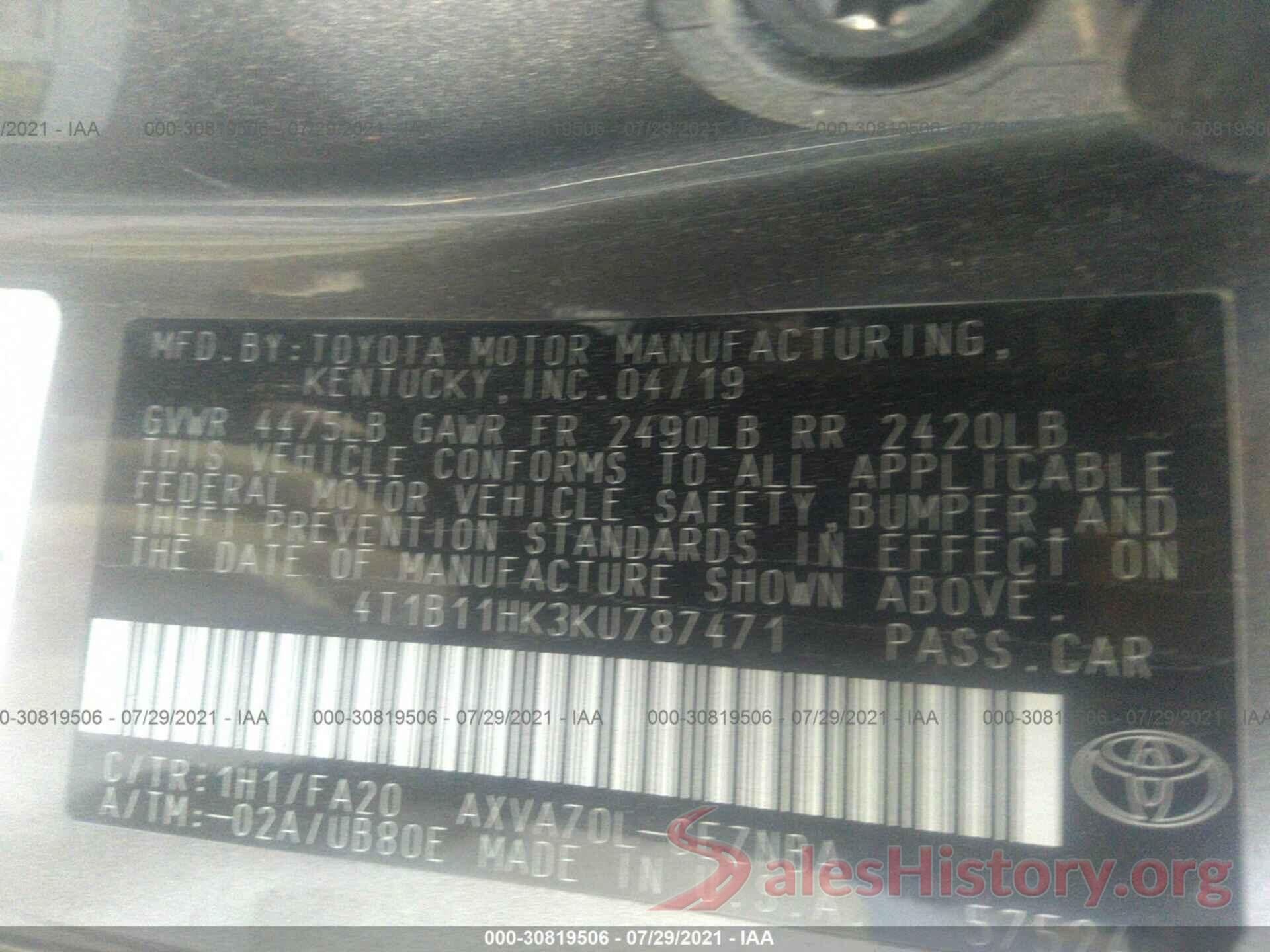 4T1B11HK3KU787471 2019 TOYOTA CAMRY