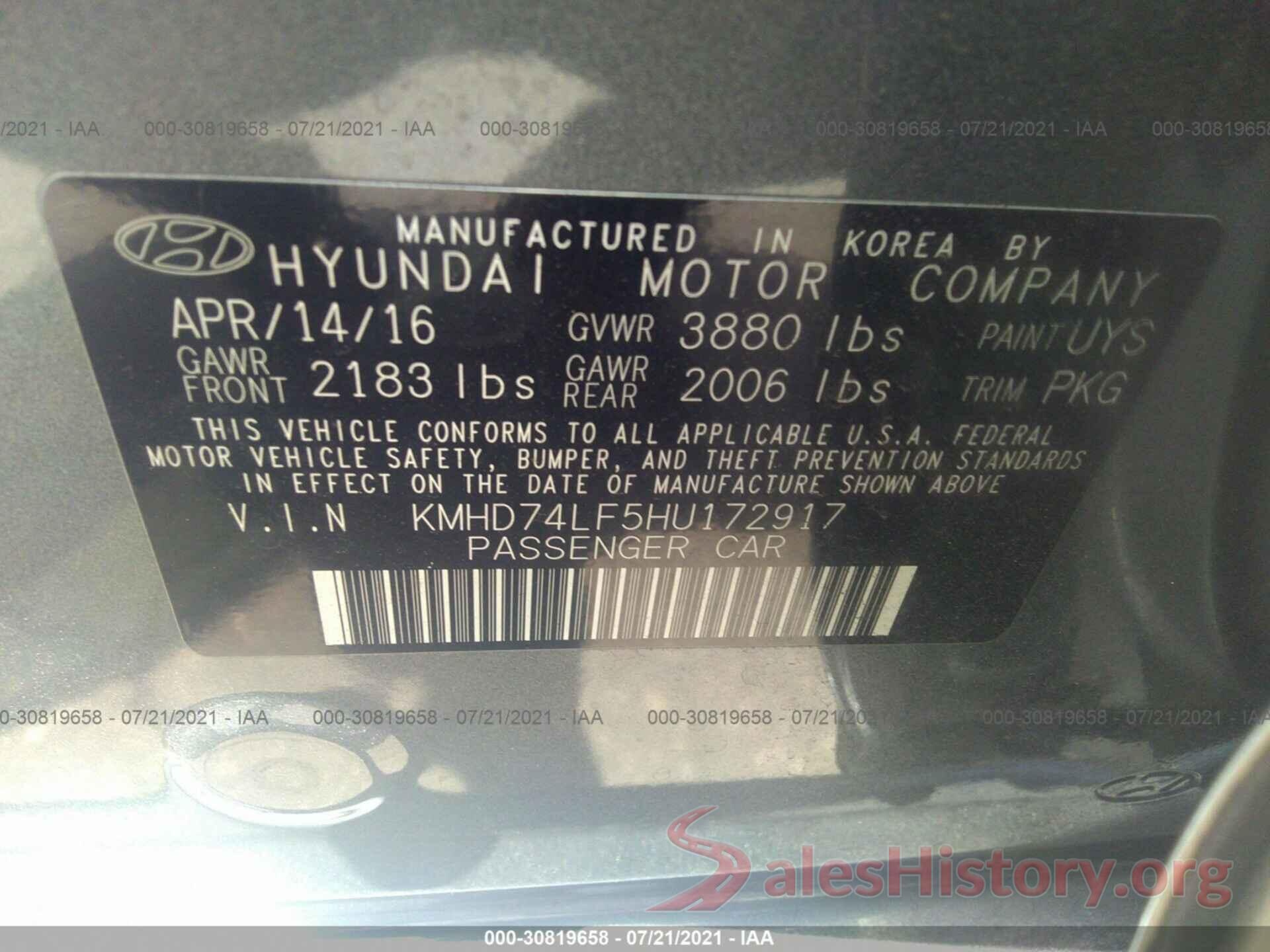 KMHD74LF5HU172917 2017 HYUNDAI ELANTRA