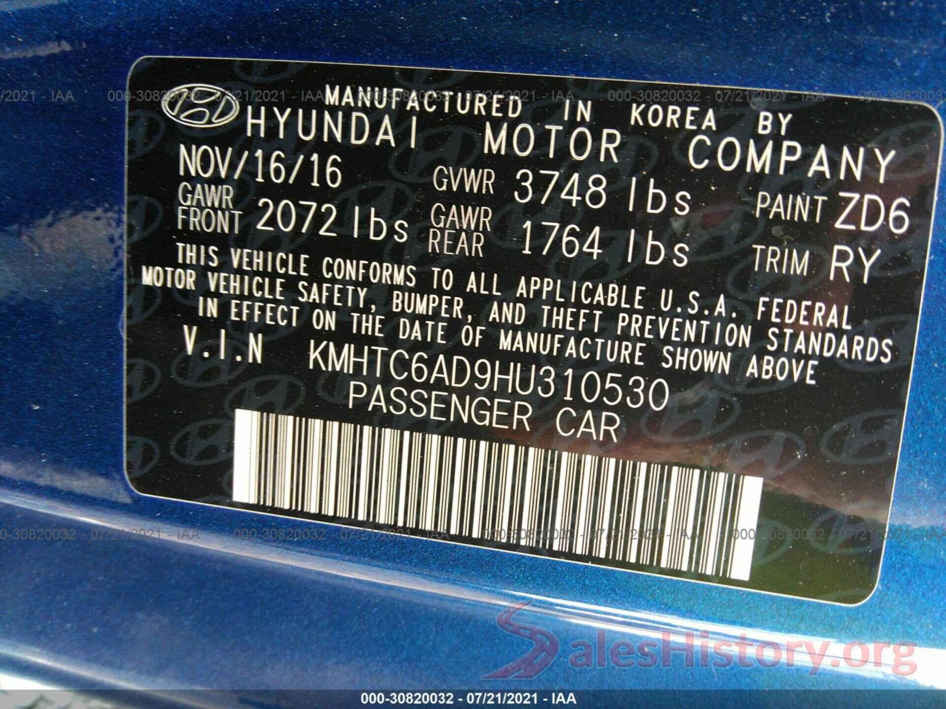 KMHTC6AD9HU310530 2017 HYUNDAI VELOSTER