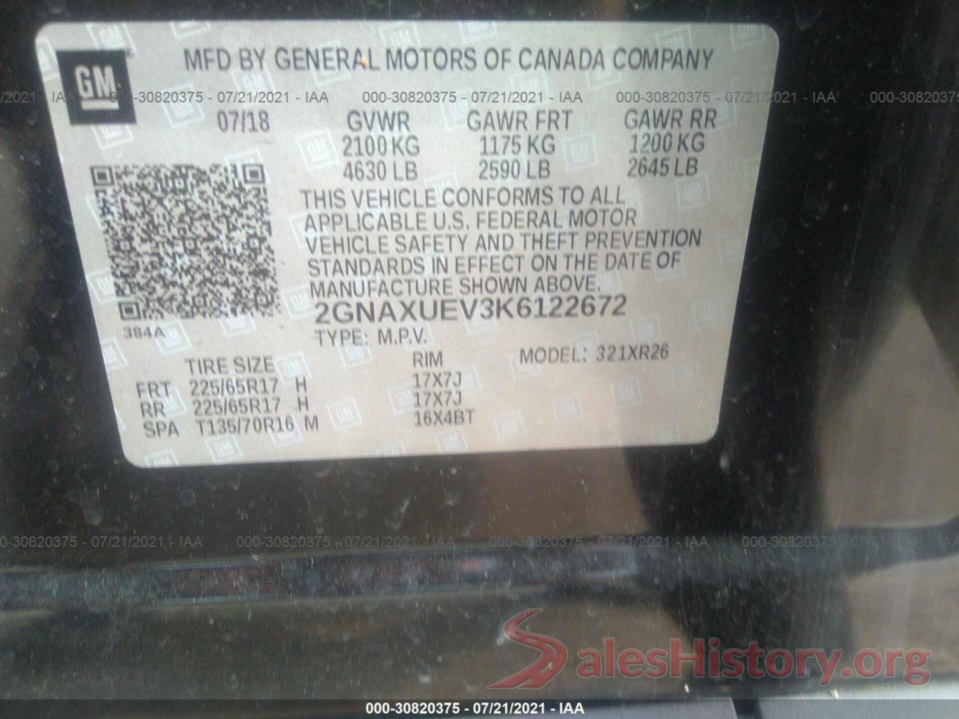 2GNAXUEV3K6122672 2019 CHEVROLET EQUINOX