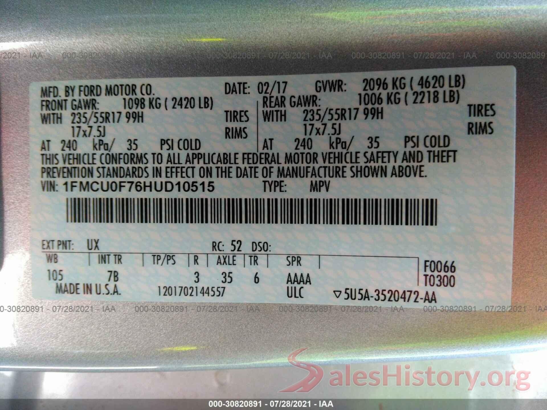 1FMCU0F76HUD10515 2017 FORD ESCAPE