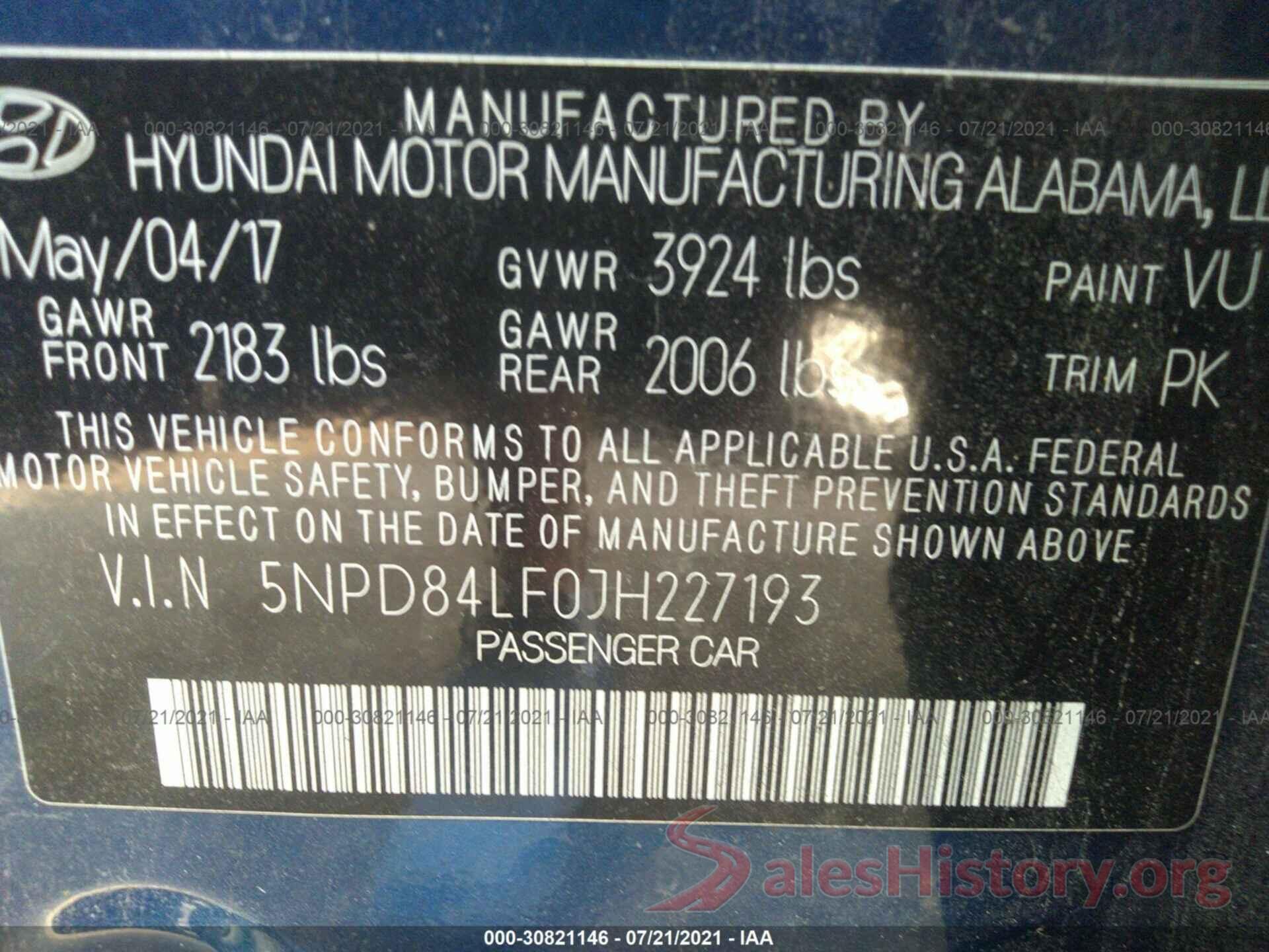 5NPD84LF0JH227193 2018 HYUNDAI ELANTRA