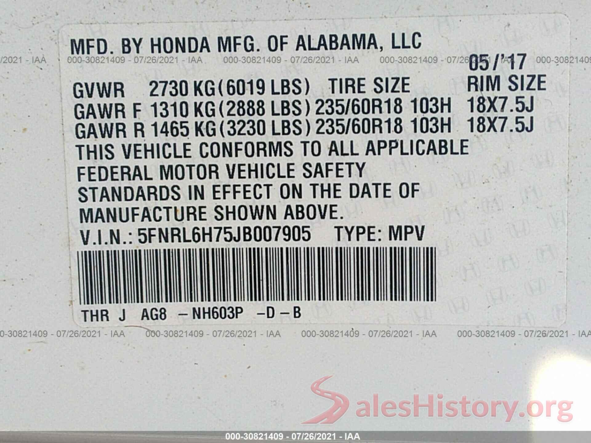 5FNRL6H75JB007905 2018 HONDA ODYSSEY