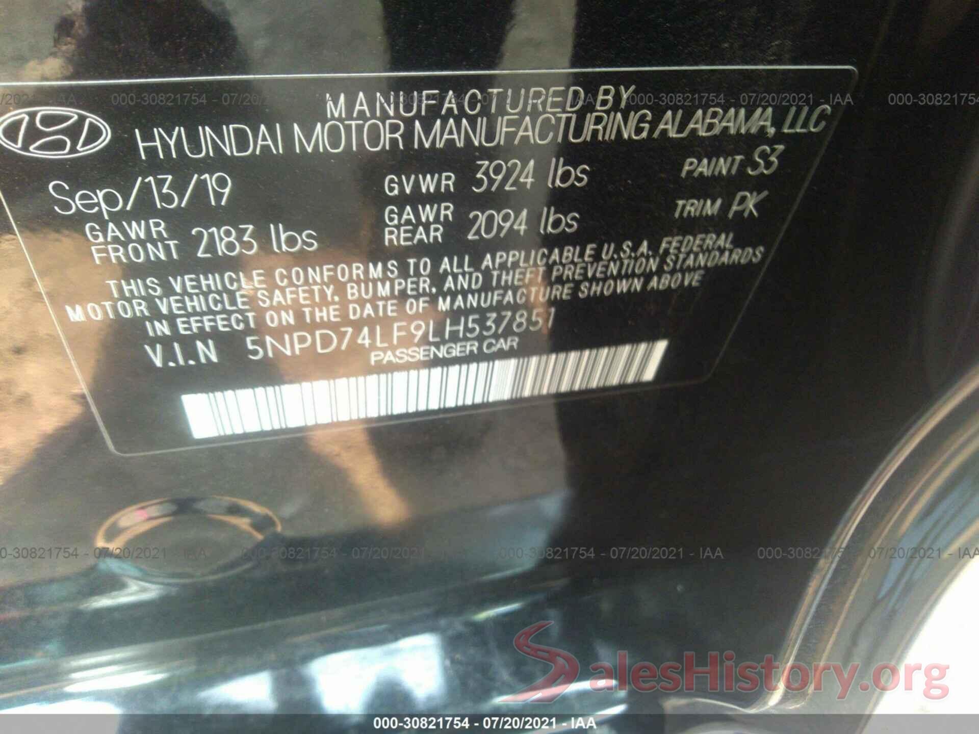 5NPD74LF9LH537851 2020 HYUNDAI ELANTRA