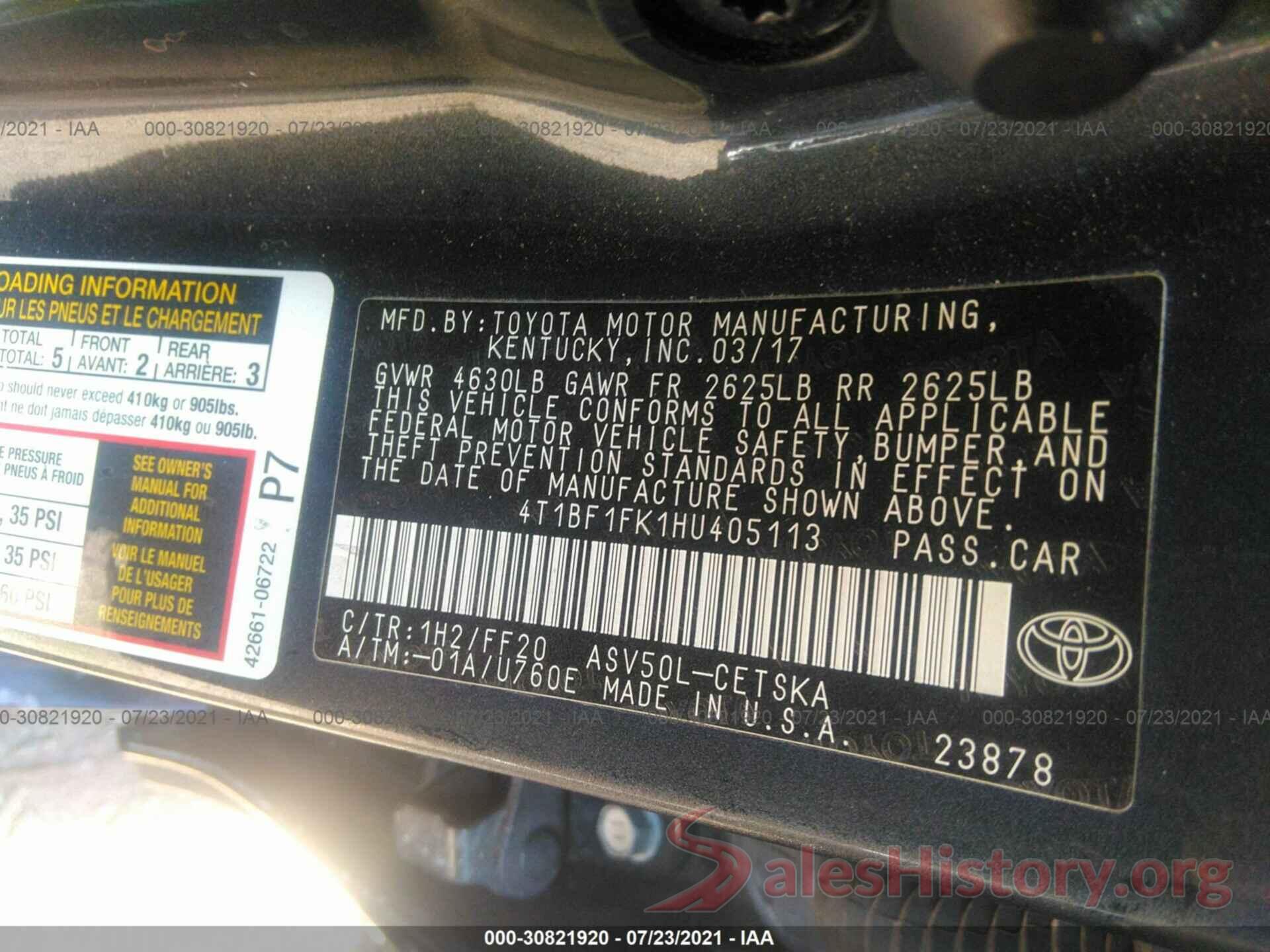 4T1BF1FK1HU405113 2017 TOYOTA CAMRY