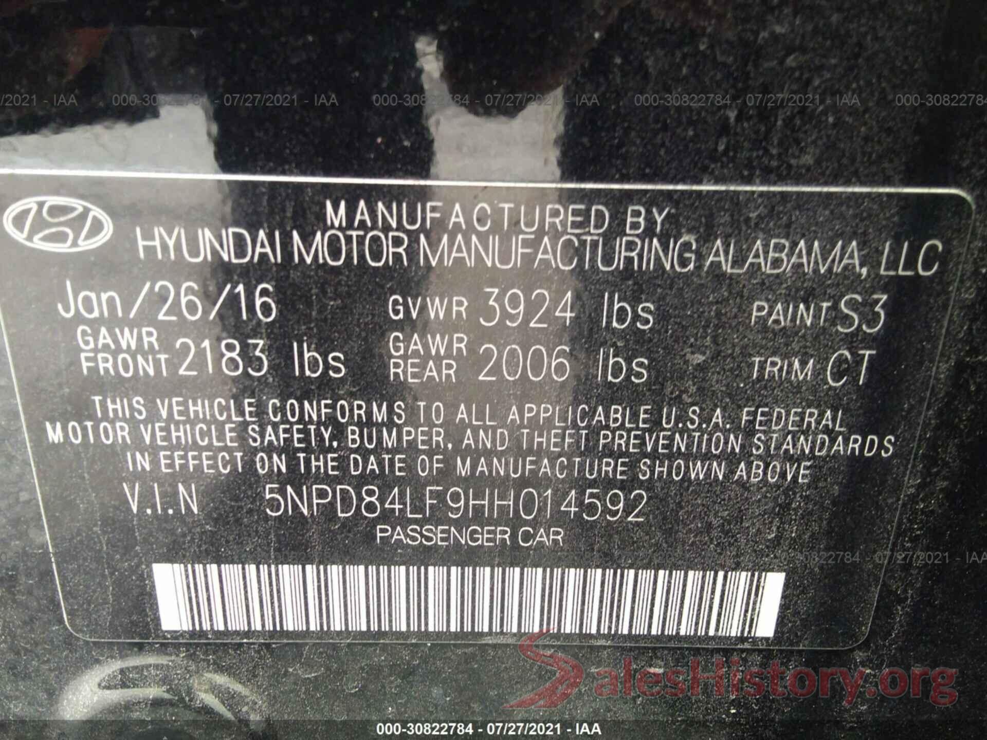 5NPD84LF9HH014592 2017 HYUNDAI ELANTRA