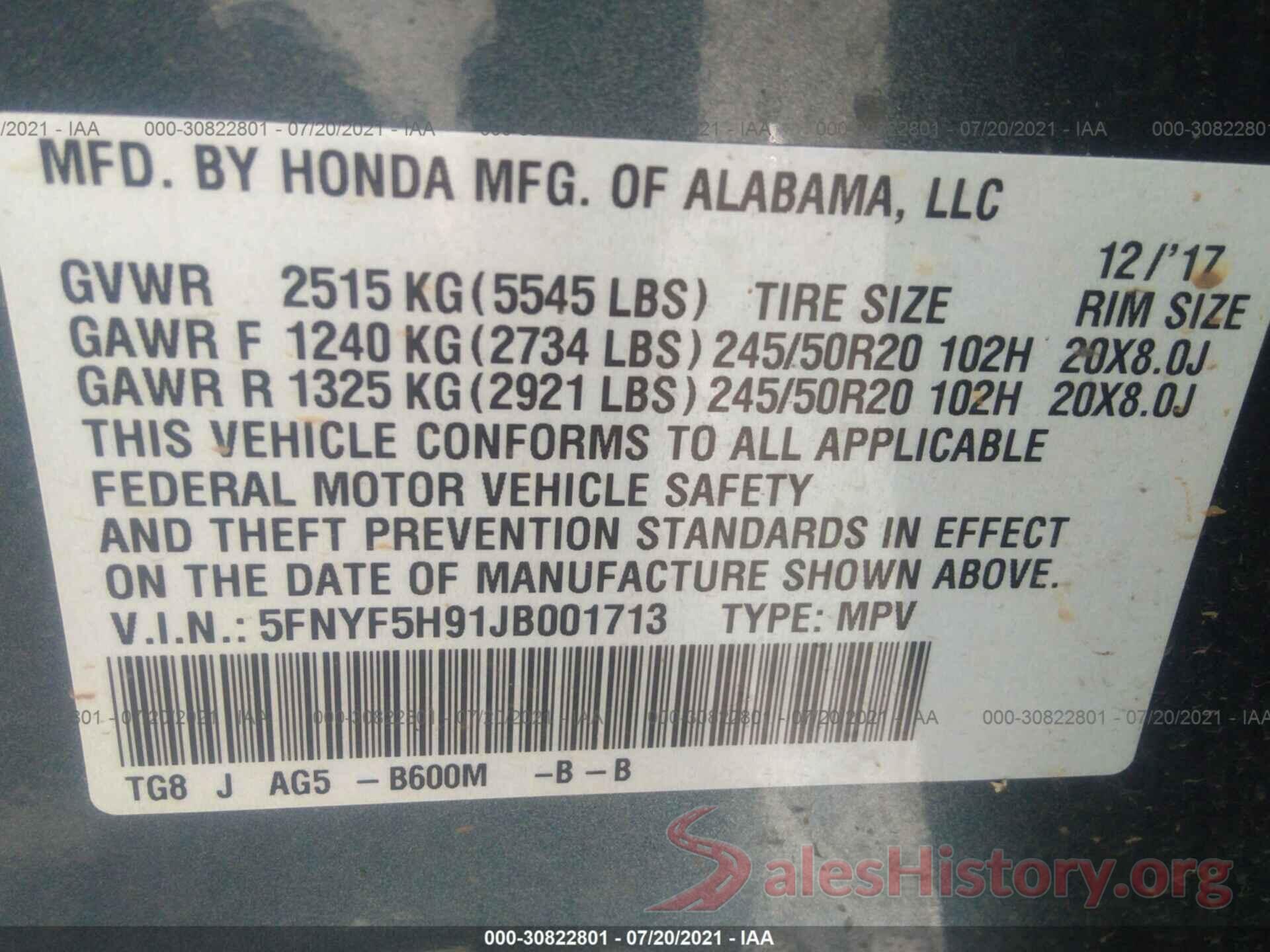 5FNYF5H91JB001713 2018 HONDA PILOT