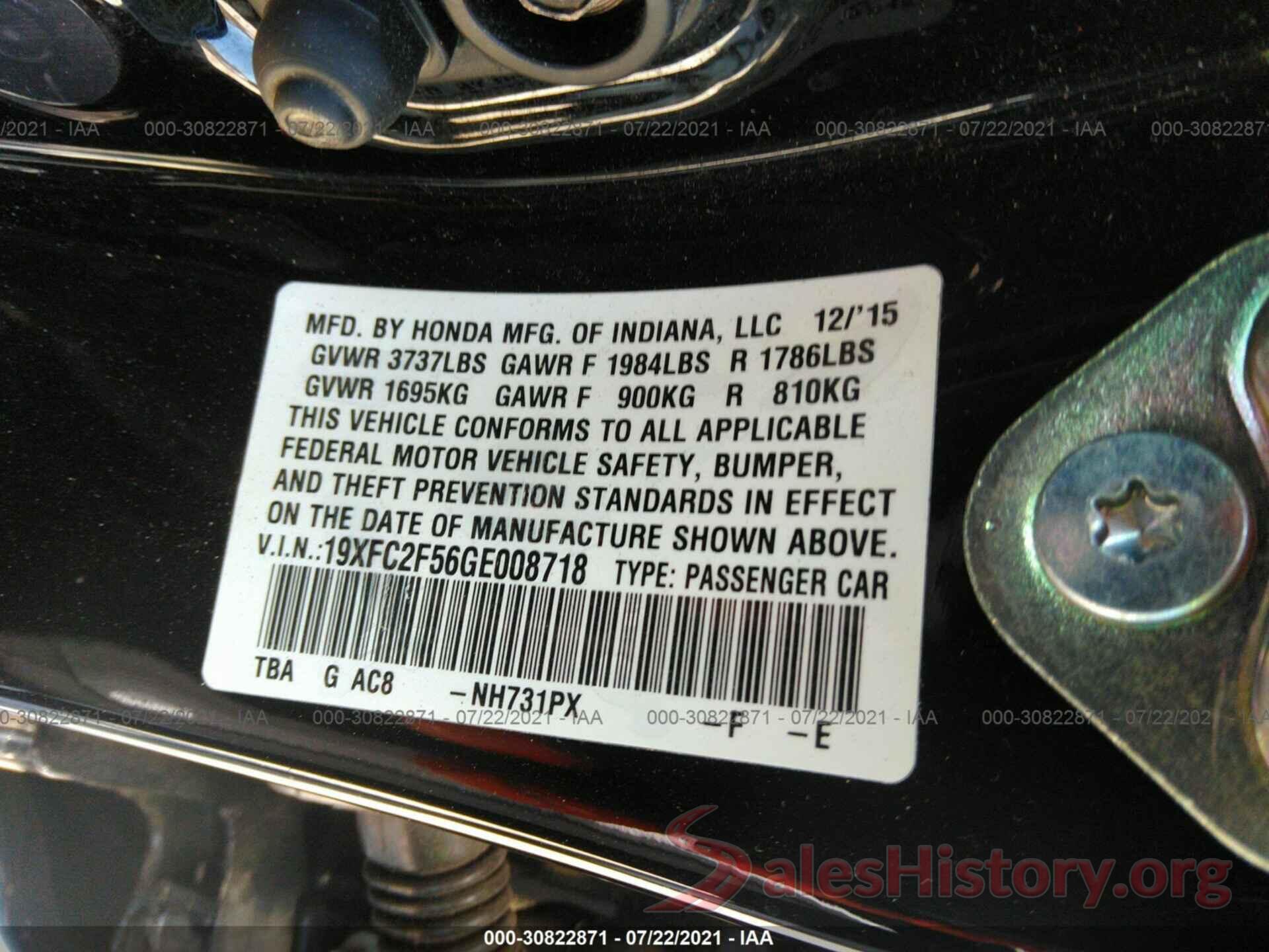 19XFC2F56GE008718 2016 HONDA CIVIC SEDAN