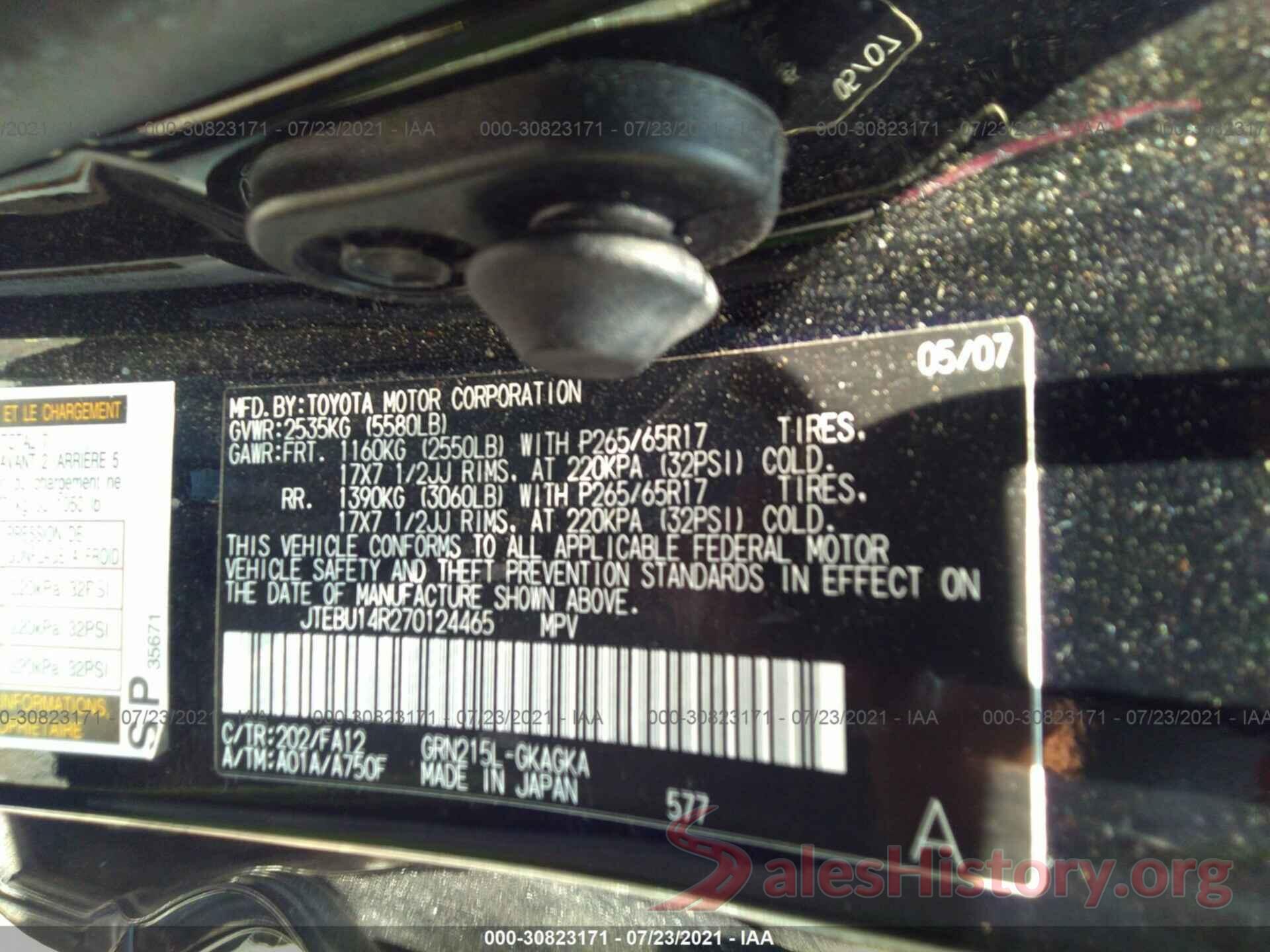 JTEBU14R270124465 2007 TOYOTA 4RUNNER