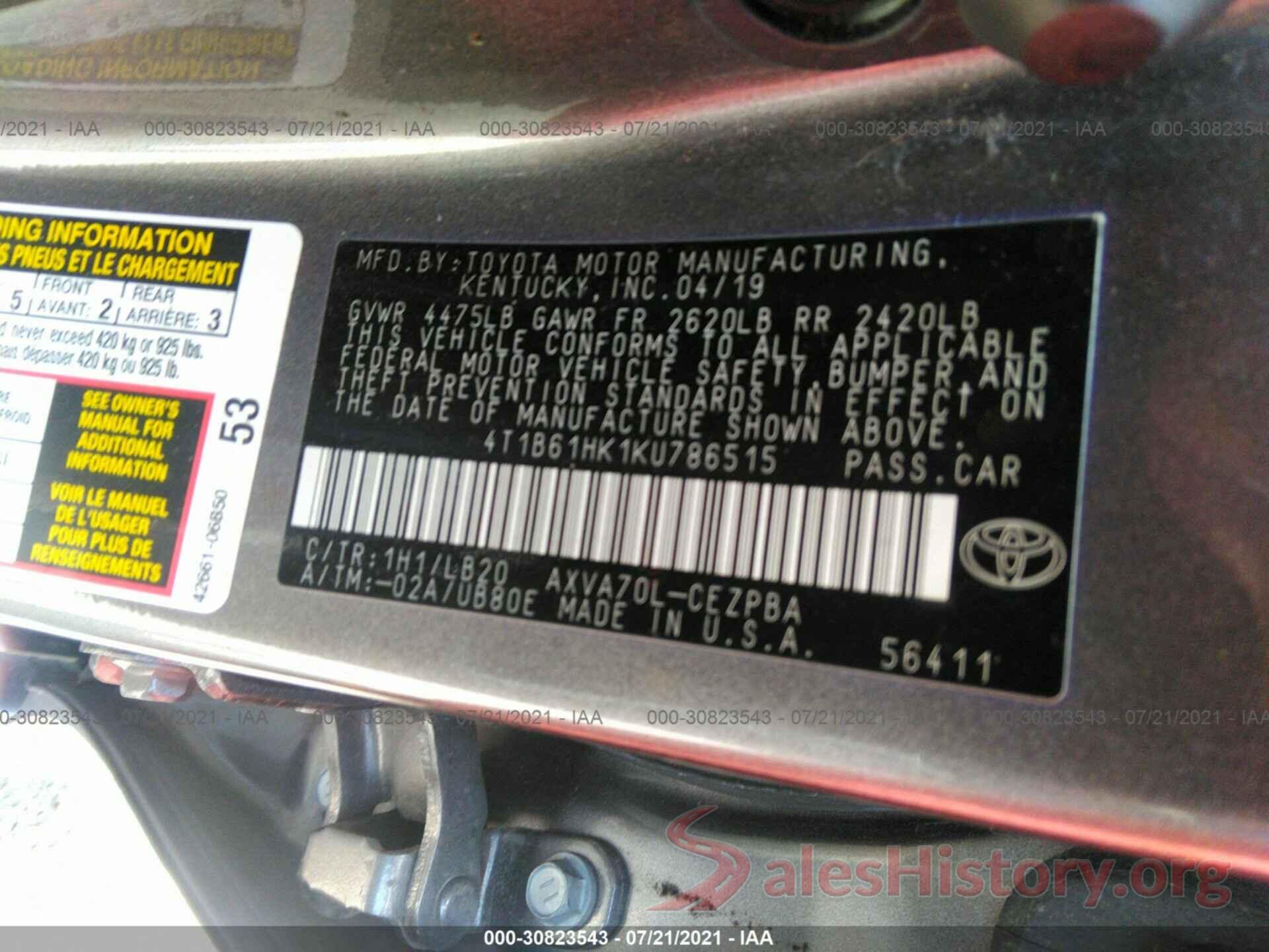 4T1B61HK1KU786515 2019 TOYOTA CAMRY