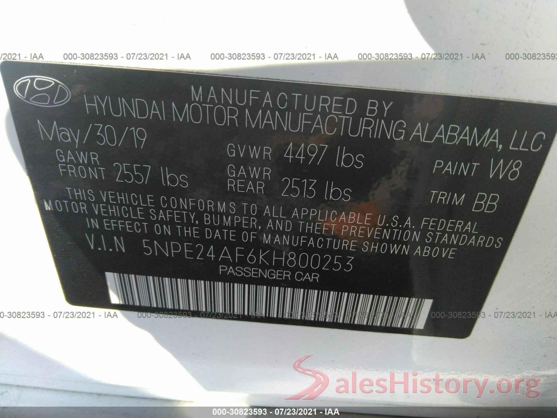 5NPE24AF6KH800253 2019 HYUNDAI SONATA