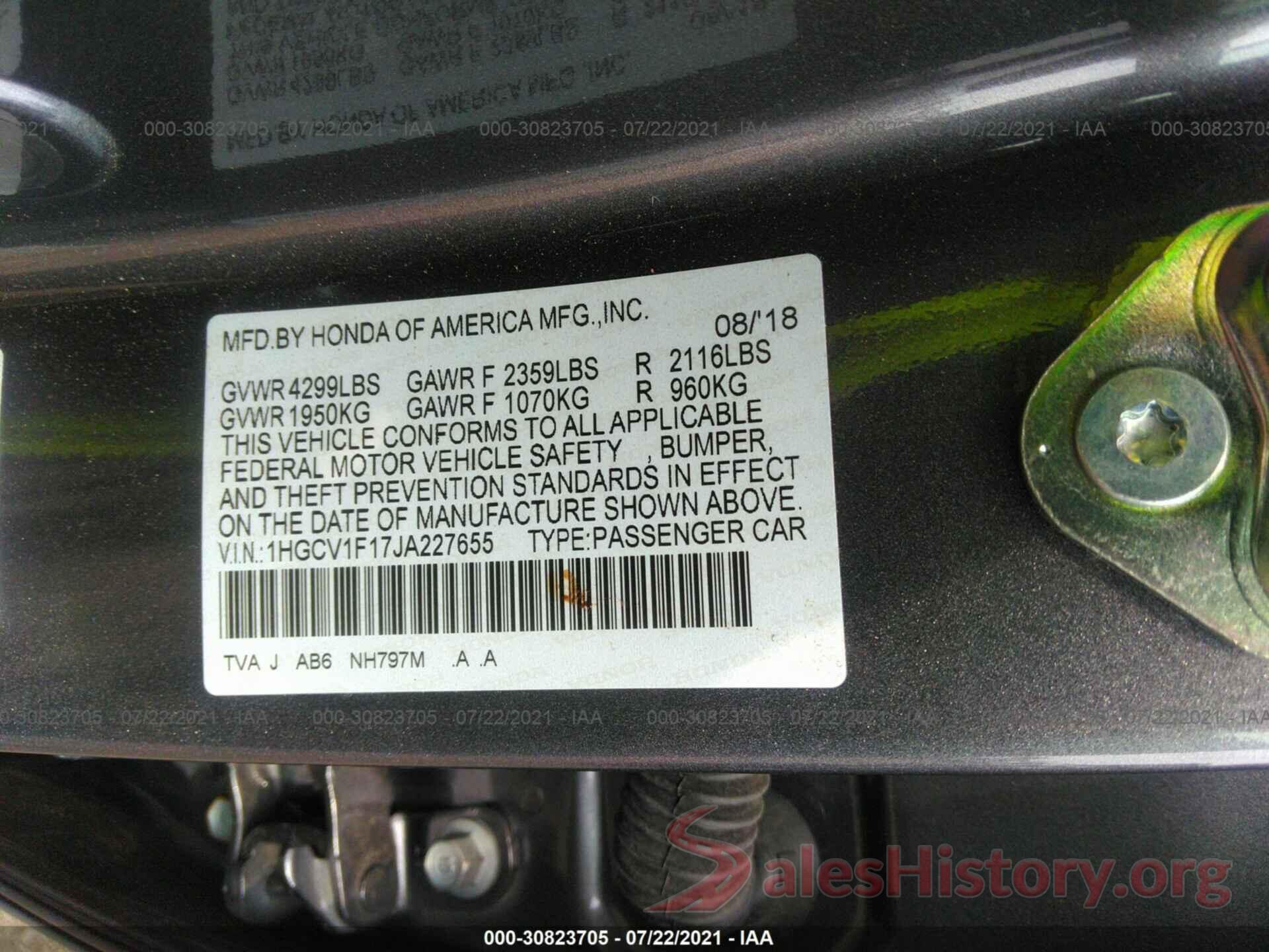 1HGCV1F17JA227655 2018 HONDA ACCORD SEDAN