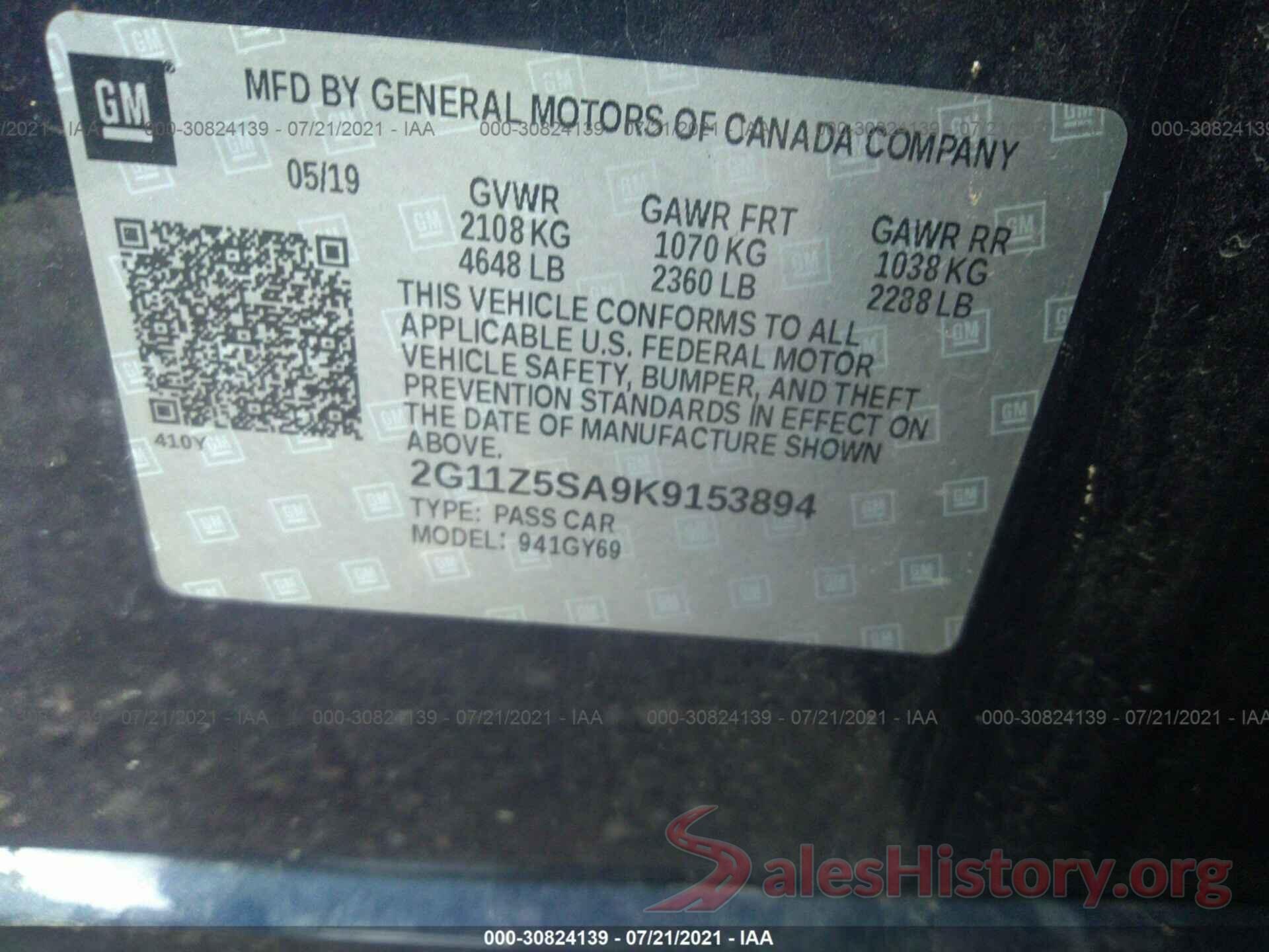 2G11Z5SA9K9153894 2019 CHEVROLET IMPALA