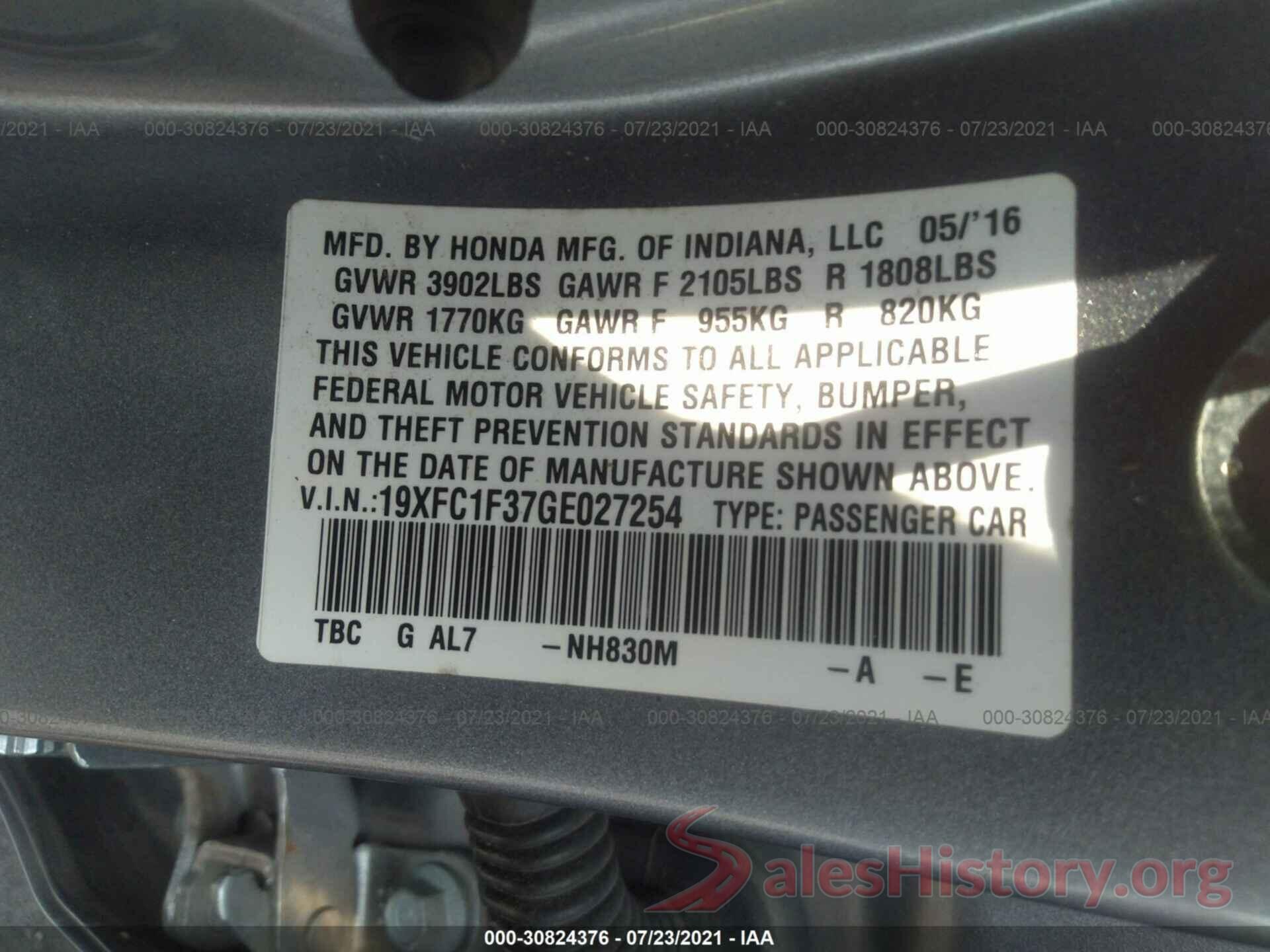 19XFC1F37GE027254 2016 HONDA CIVIC SEDAN