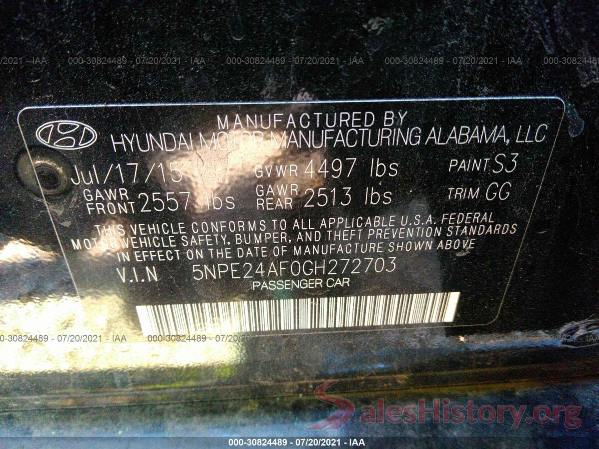 5NPE24AF0GH272703 2016 HYUNDAI SONATA