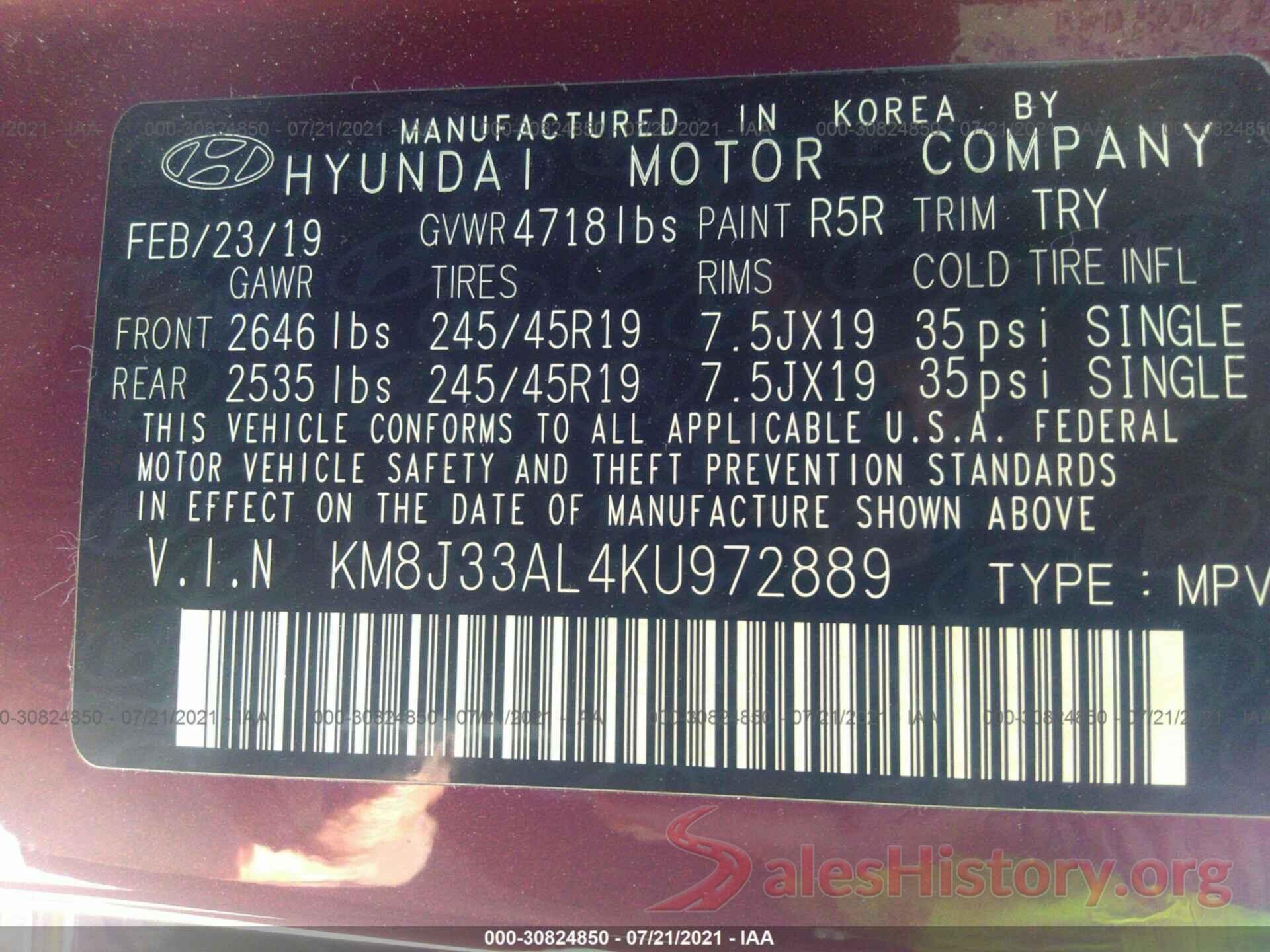 KM8J33AL4KU972889 2019 HYUNDAI TUCSON