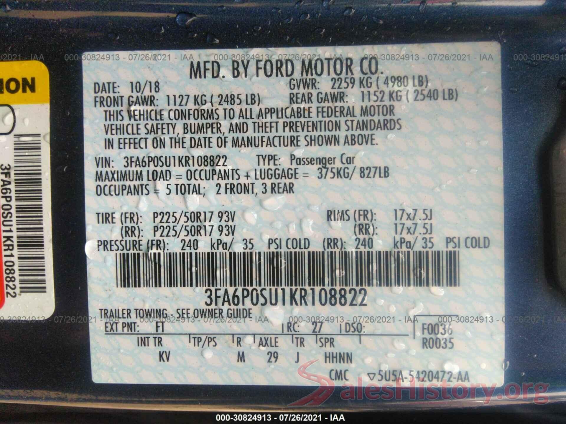 3FA6P0SU1KR108822 2019 FORD FUSION ENERGI