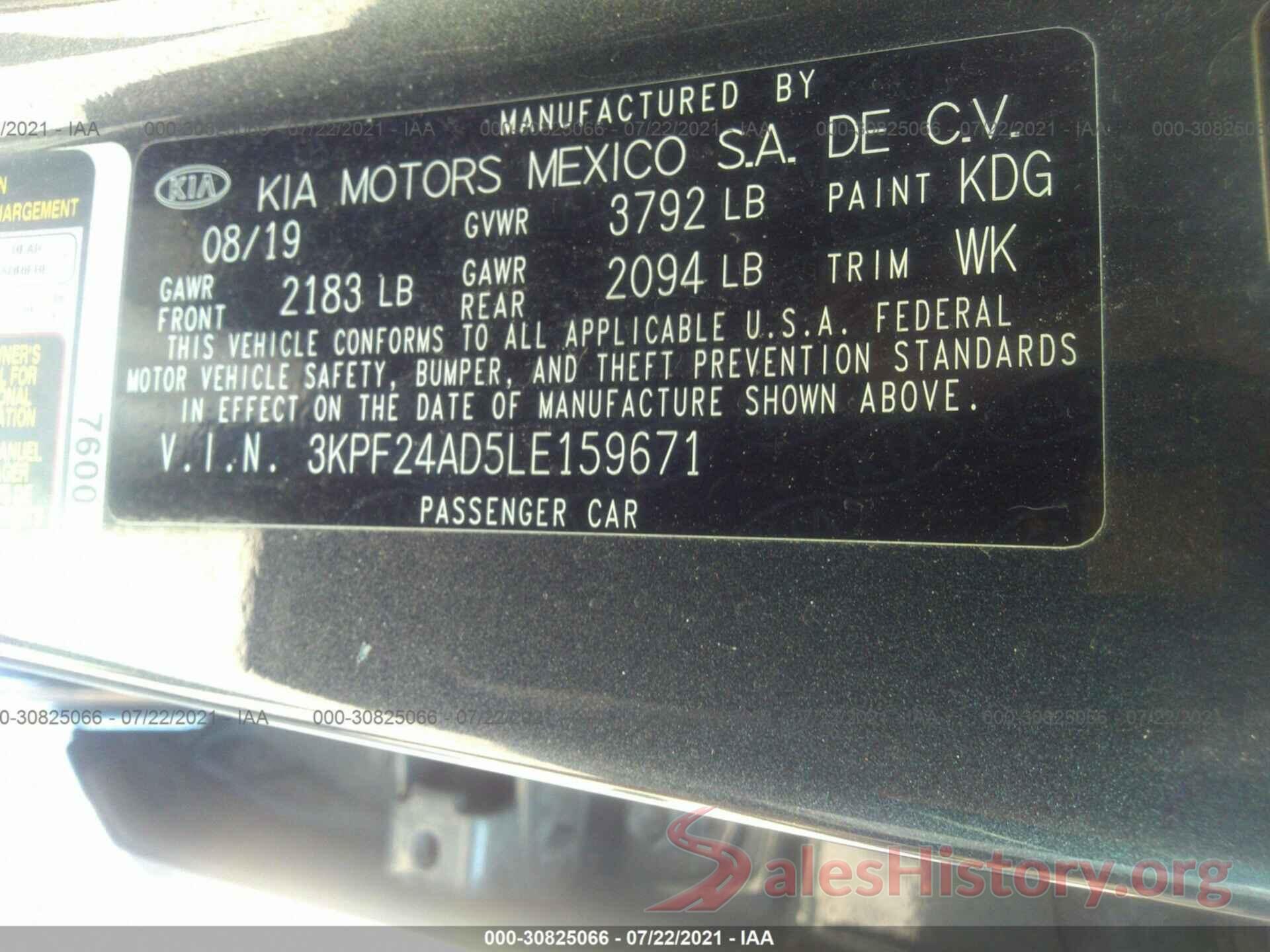 3KPF24AD5LE159671 2020 KIA FORTE