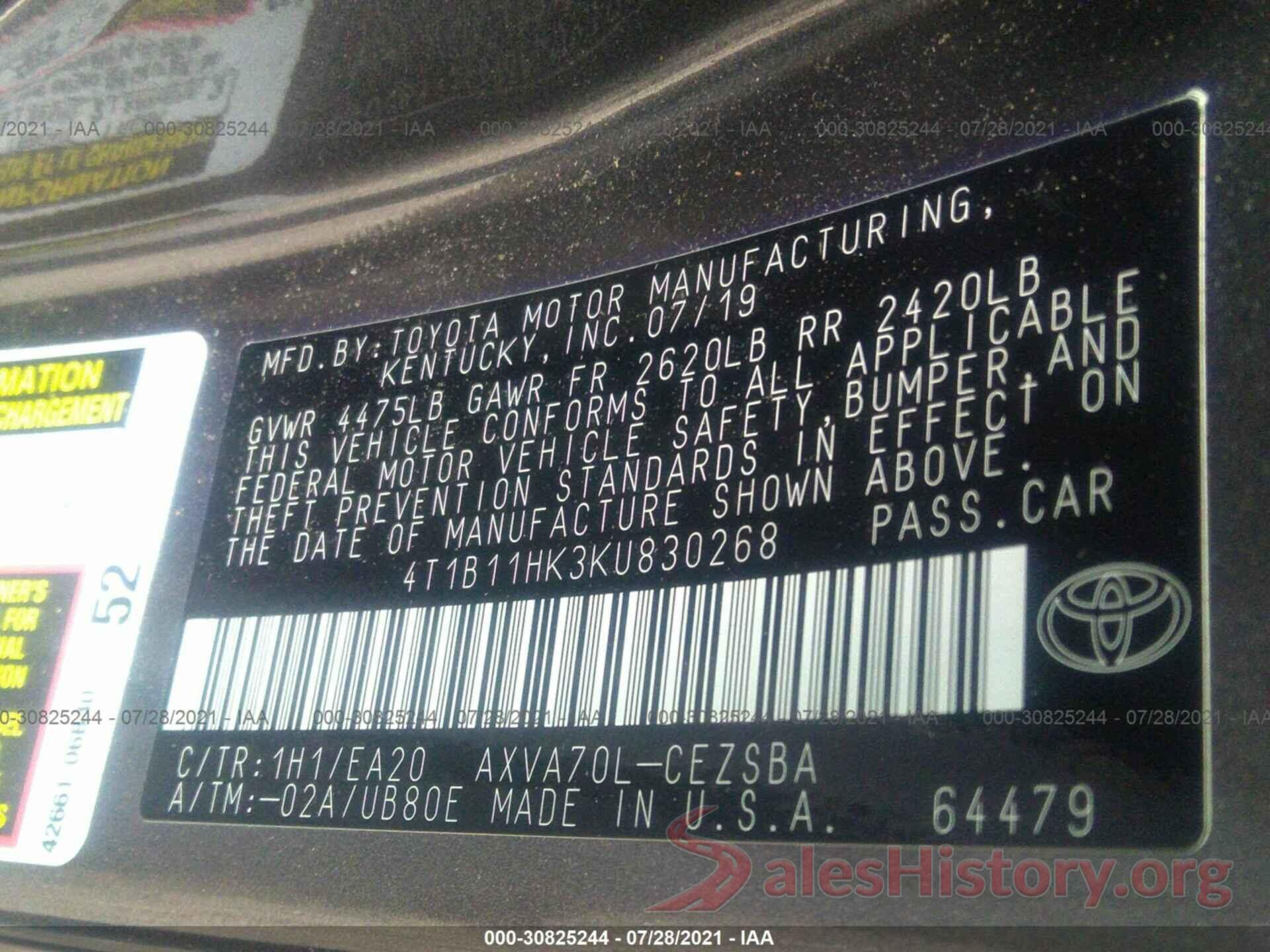 4T1B11HK3KU830268 2019 TOYOTA CAMRY