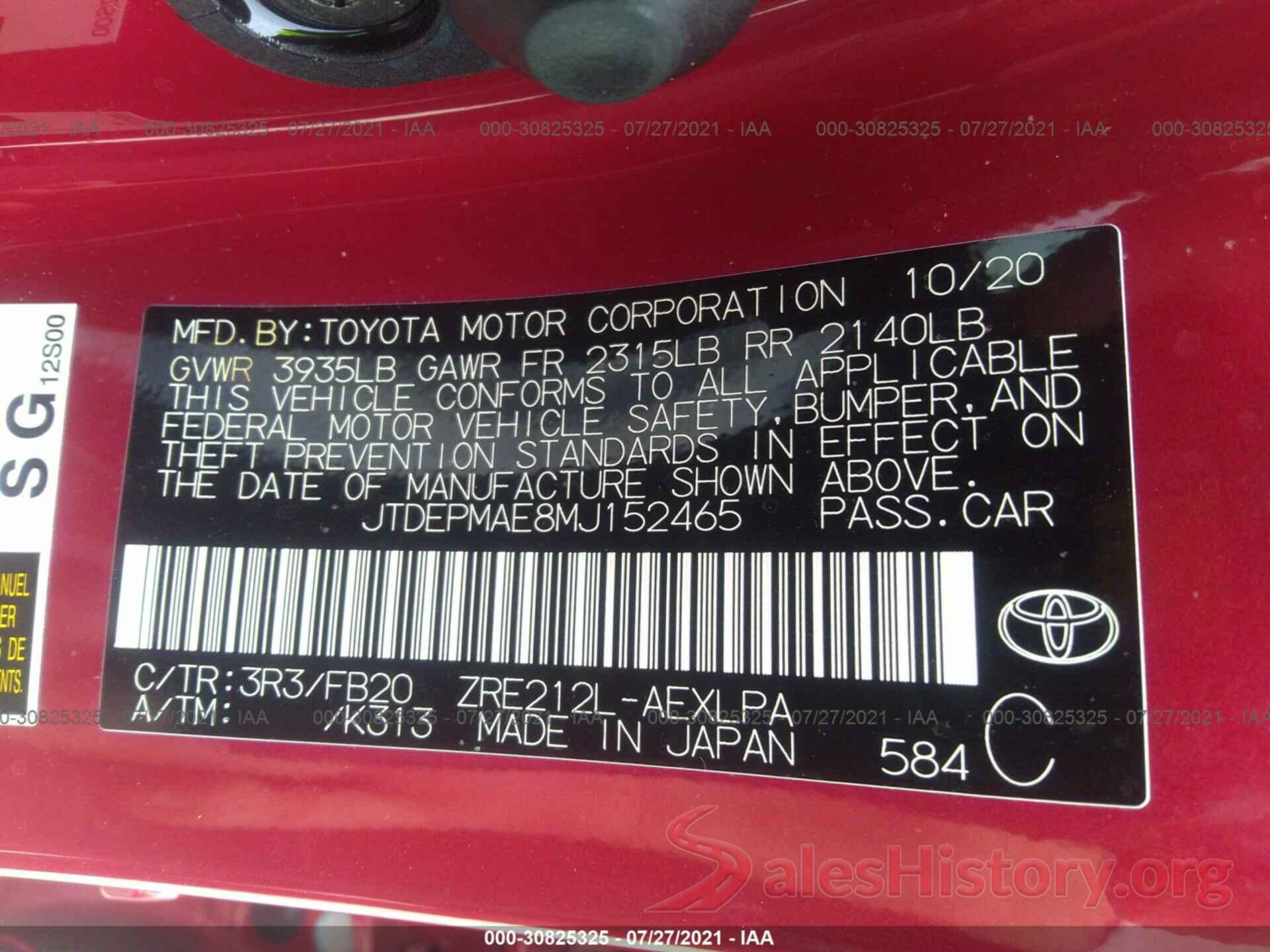 JTDEPMAE8MJ152465 2021 TOYOTA COROLLA