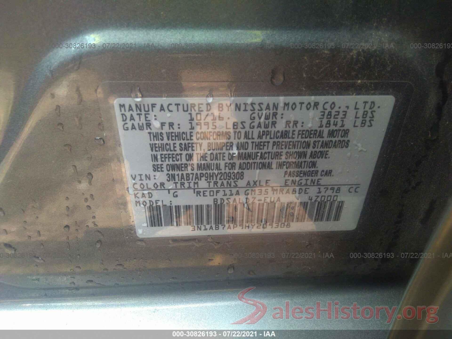 3N1AB7AP9HY209308 2017 NISSAN SENTRA