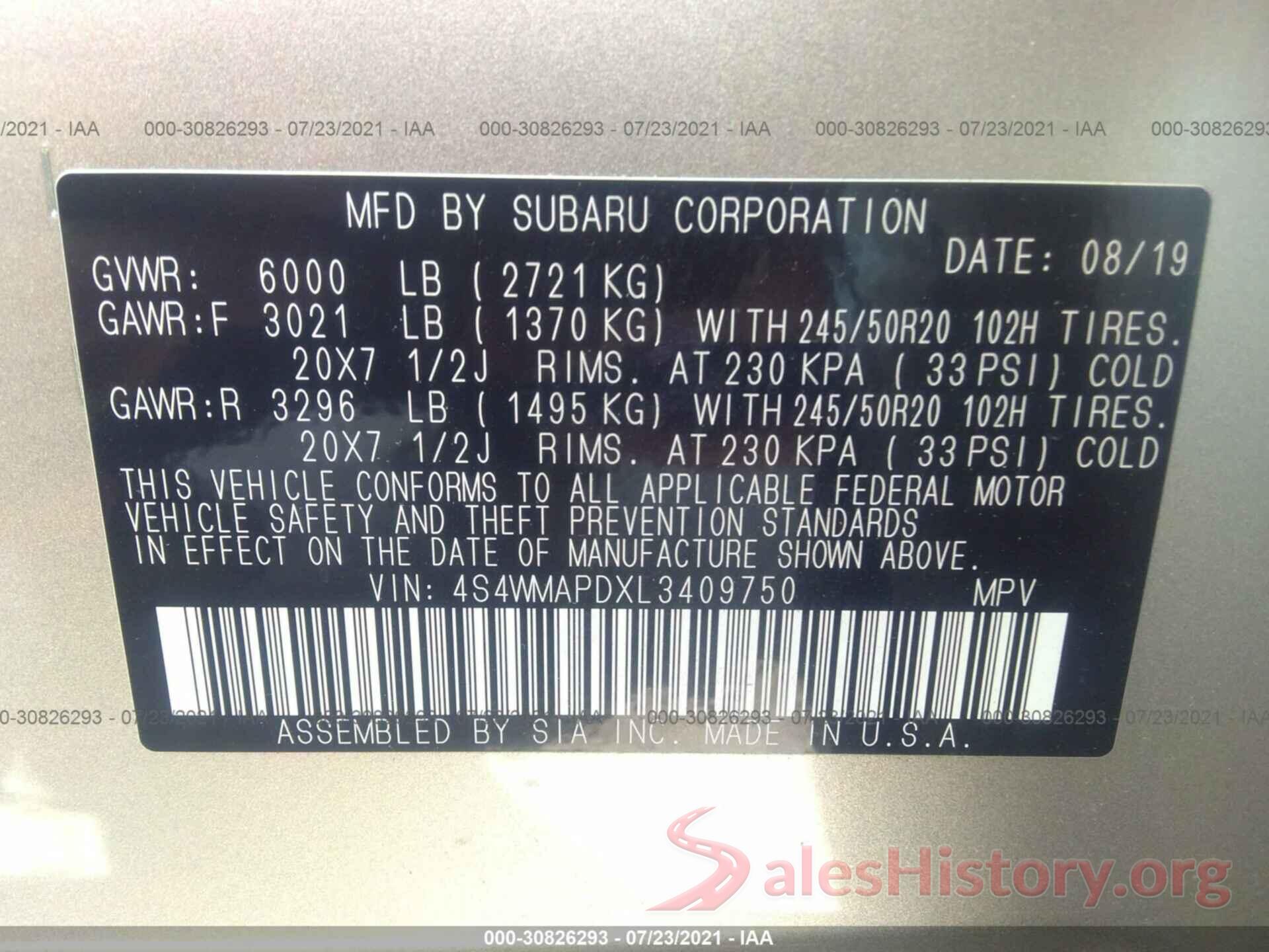 4S4WMAPDXL3409750 2020 SUBARU ASCENT