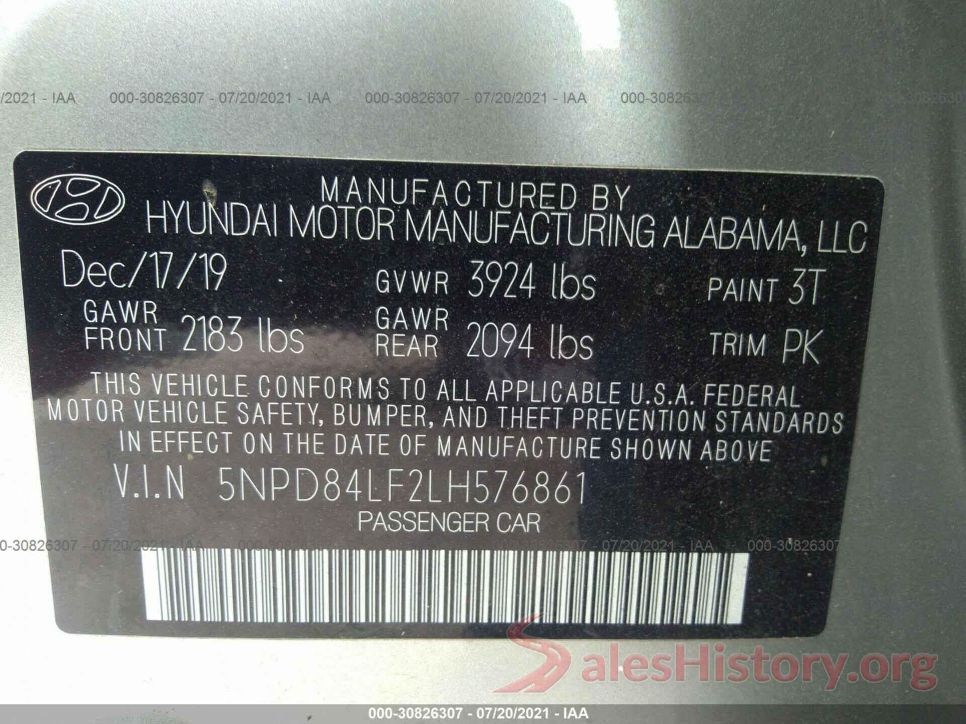 5NPD84LF2LH576861 2020 HYUNDAI ELANTRA