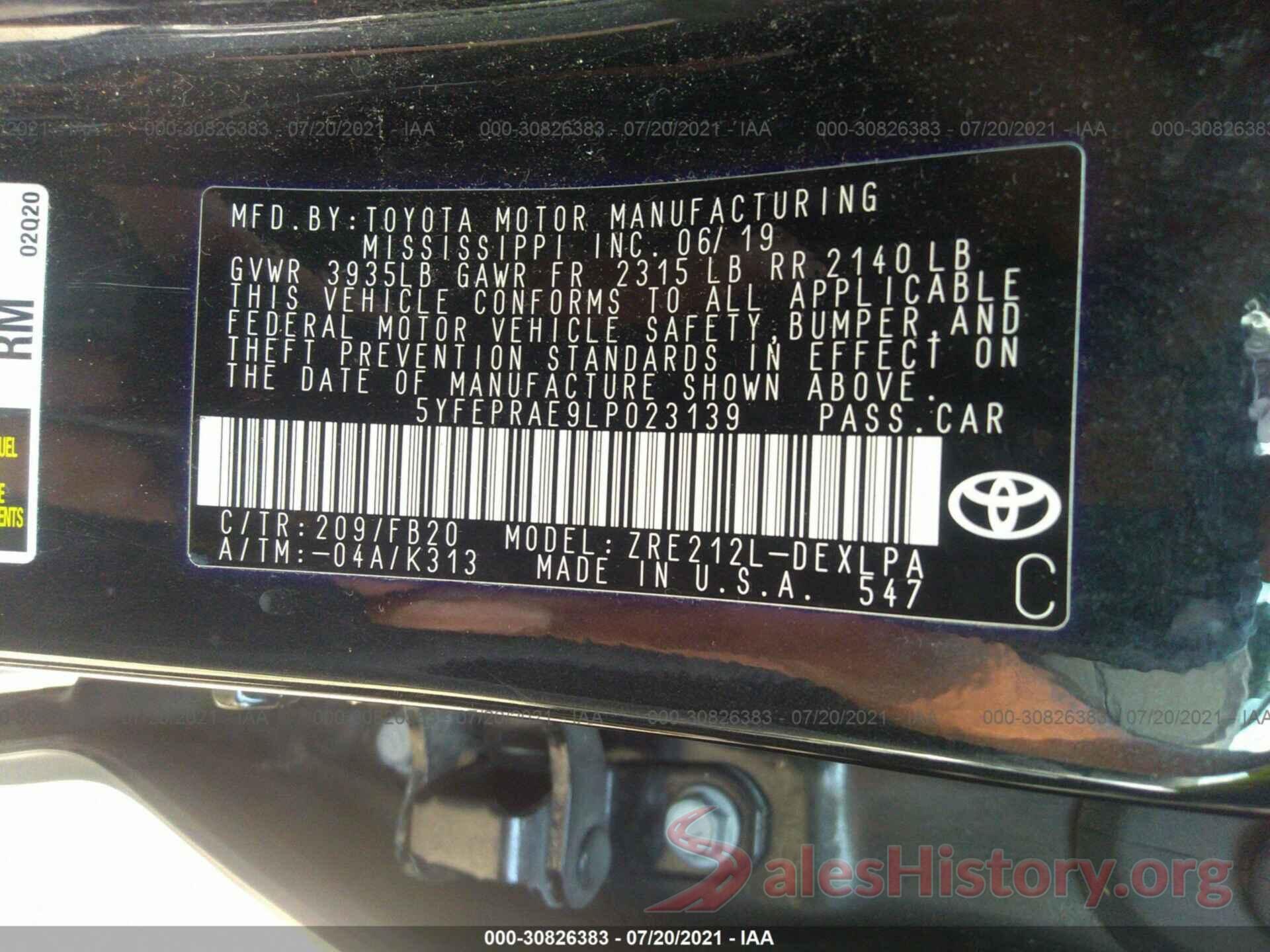 5YFEPRAE9LP023139 2020 TOYOTA COROLLA