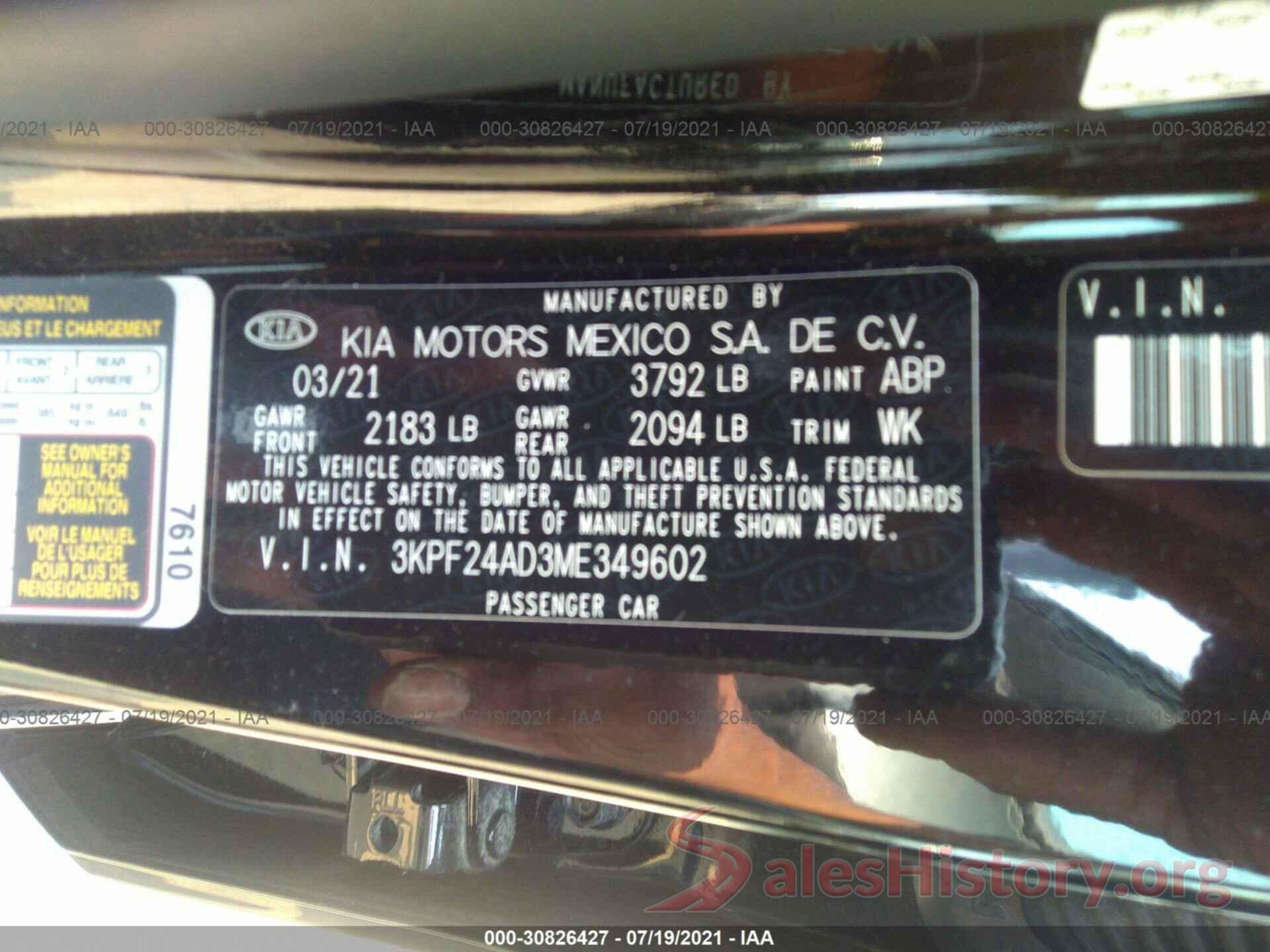 3KPF24AD3ME349602 2021 KIA FORTE