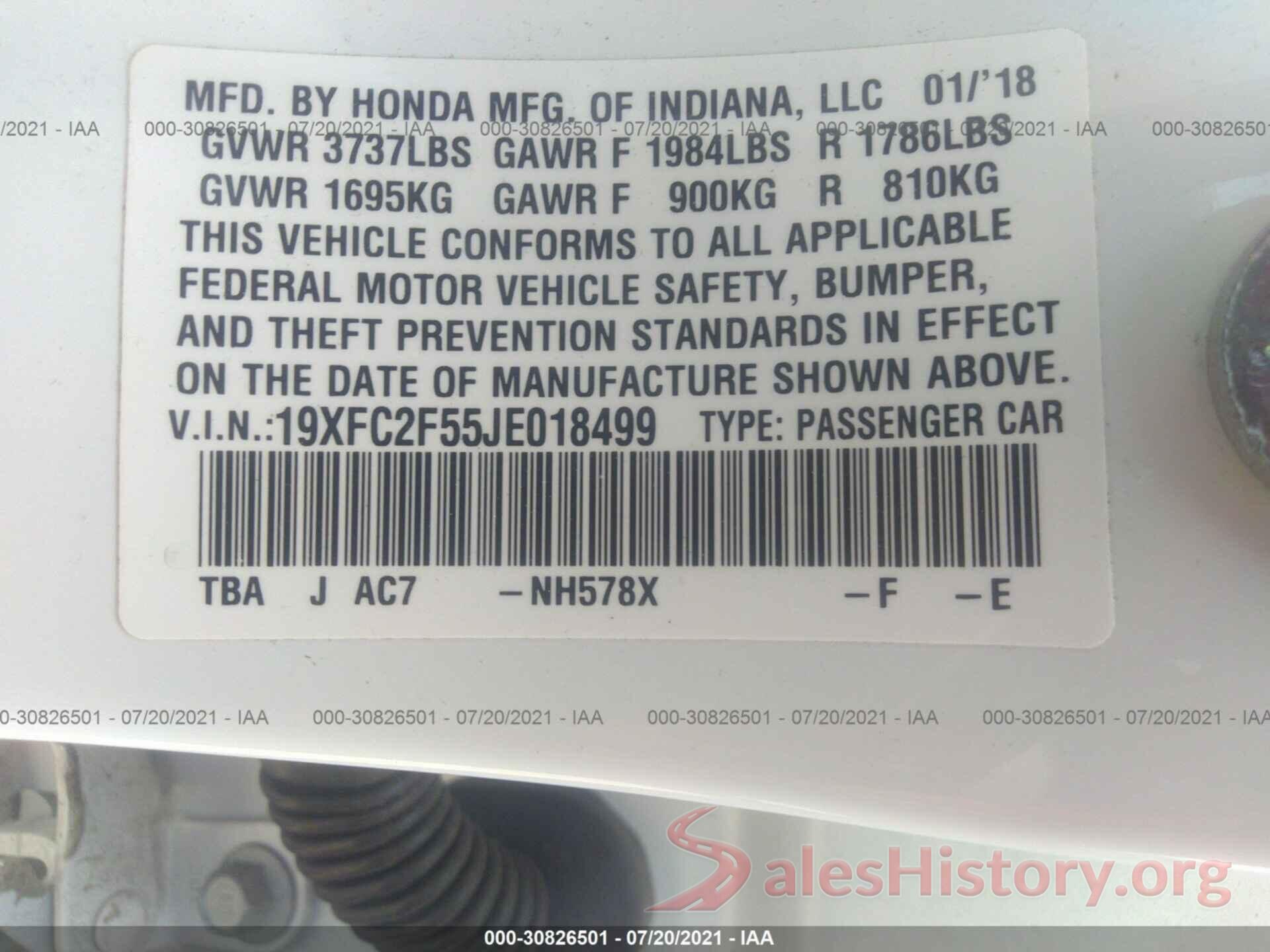 19XFC2F55JE018499 2018 HONDA CIVIC SEDAN