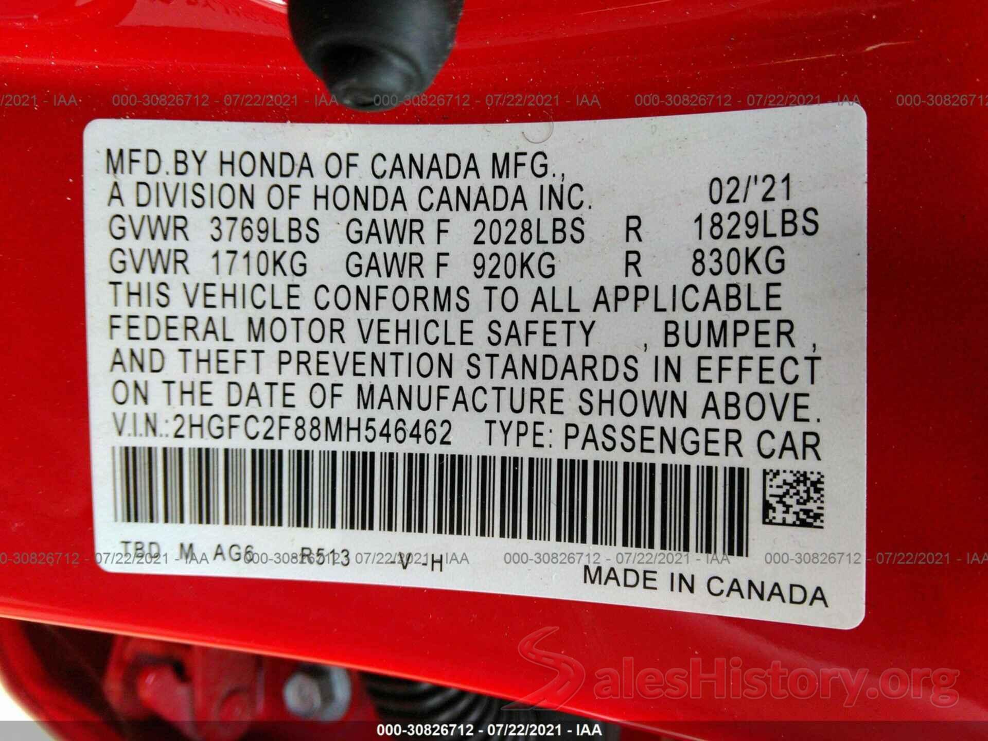 2HGFC2F88MH546462 2021 HONDA CIVIC SEDAN