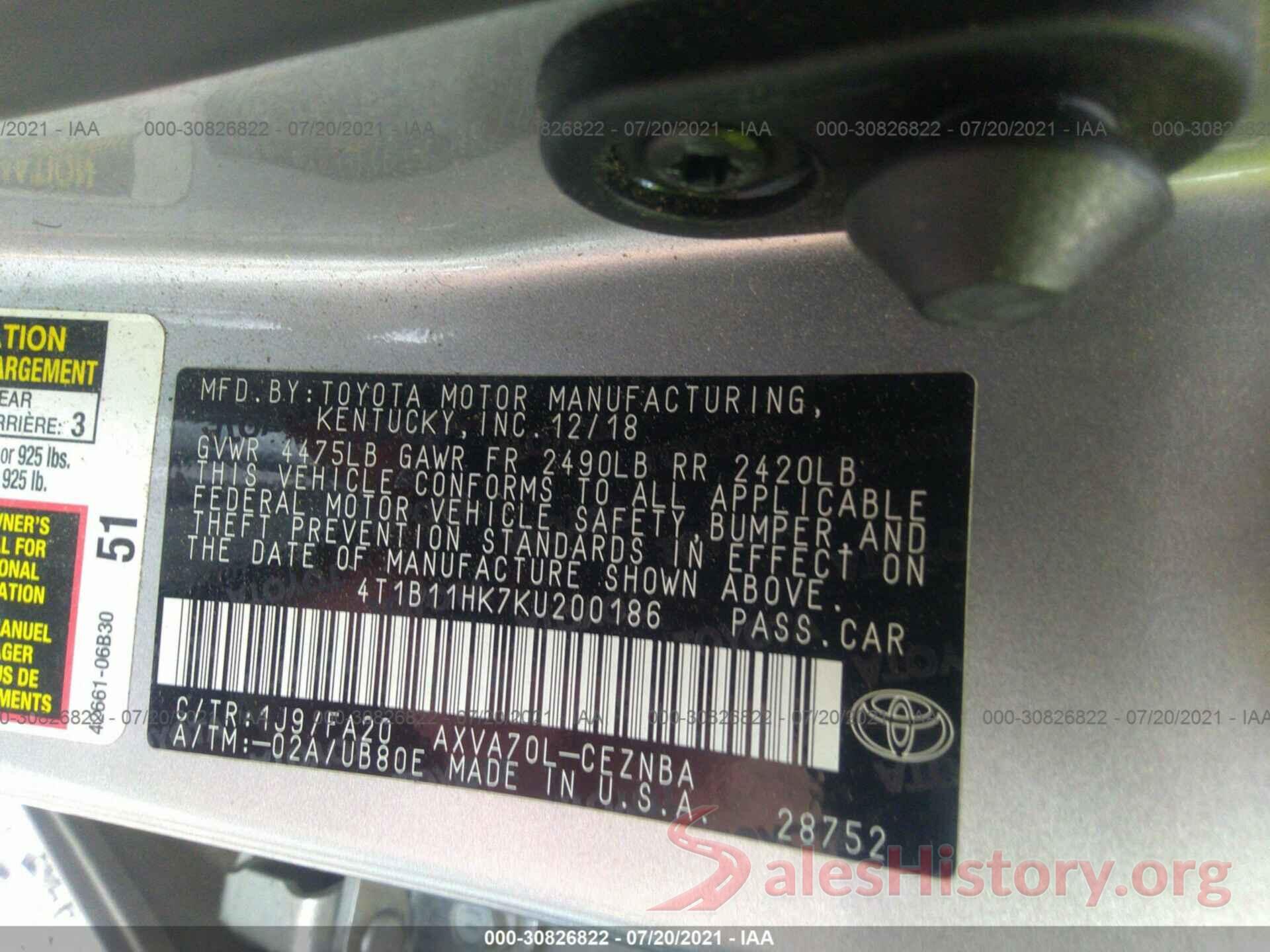 4T1B11HK7KU200186 2019 TOYOTA CAMRY