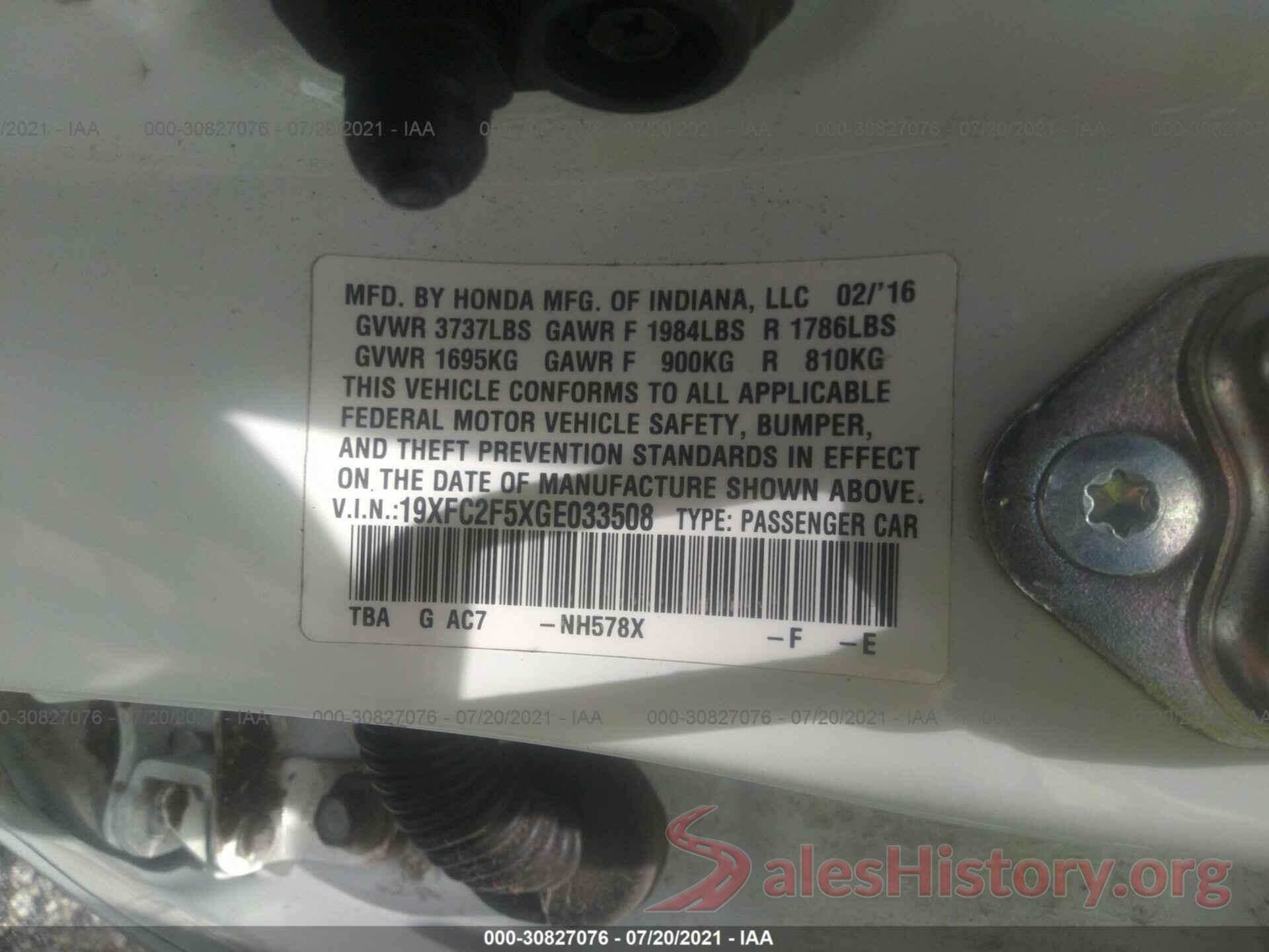 19XFC2F5XGE033508 2016 HONDA CIVIC SEDAN