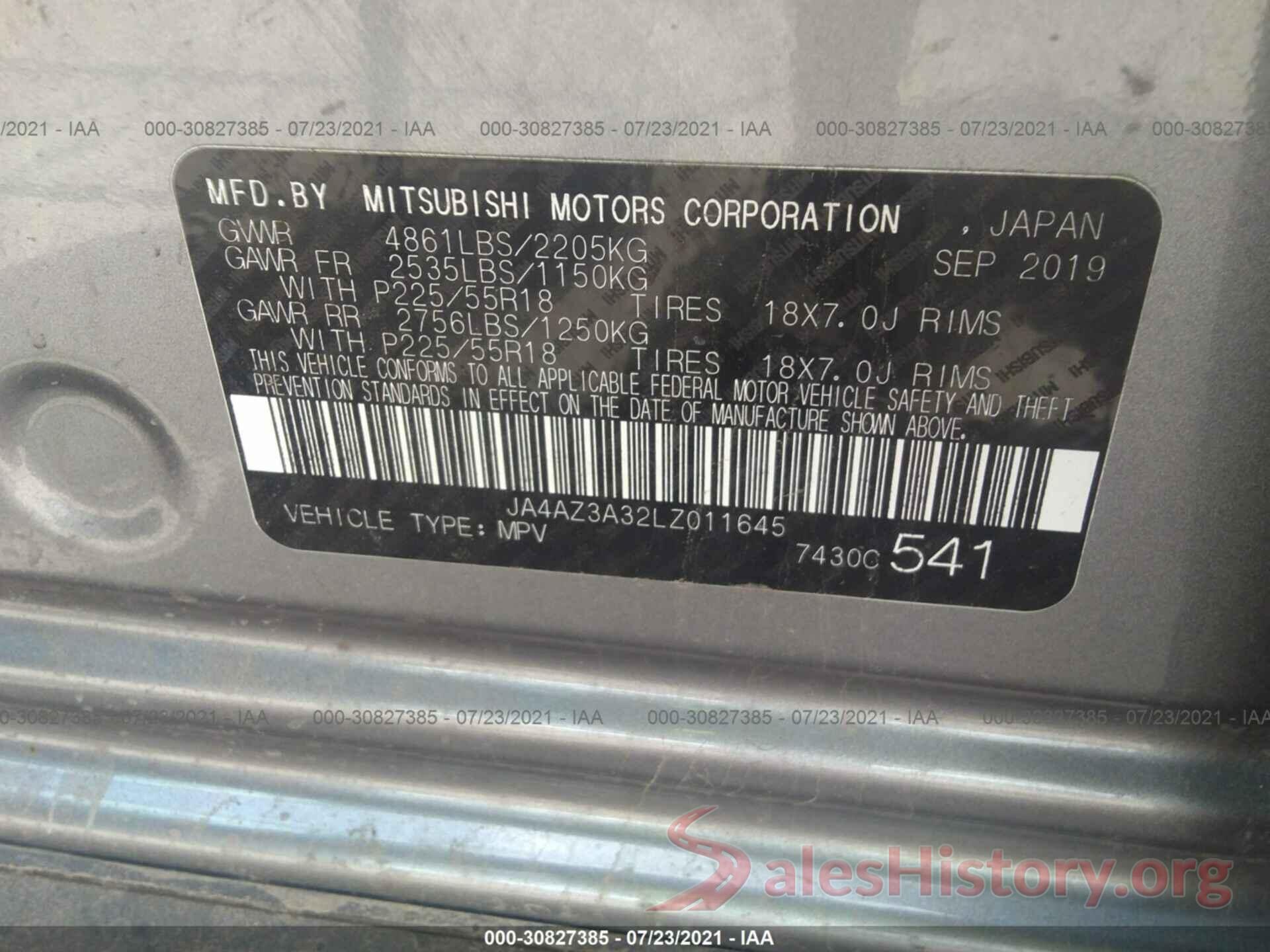 JA4AZ3A32LZ011645 2020 MITSUBISHI OUTLANDER