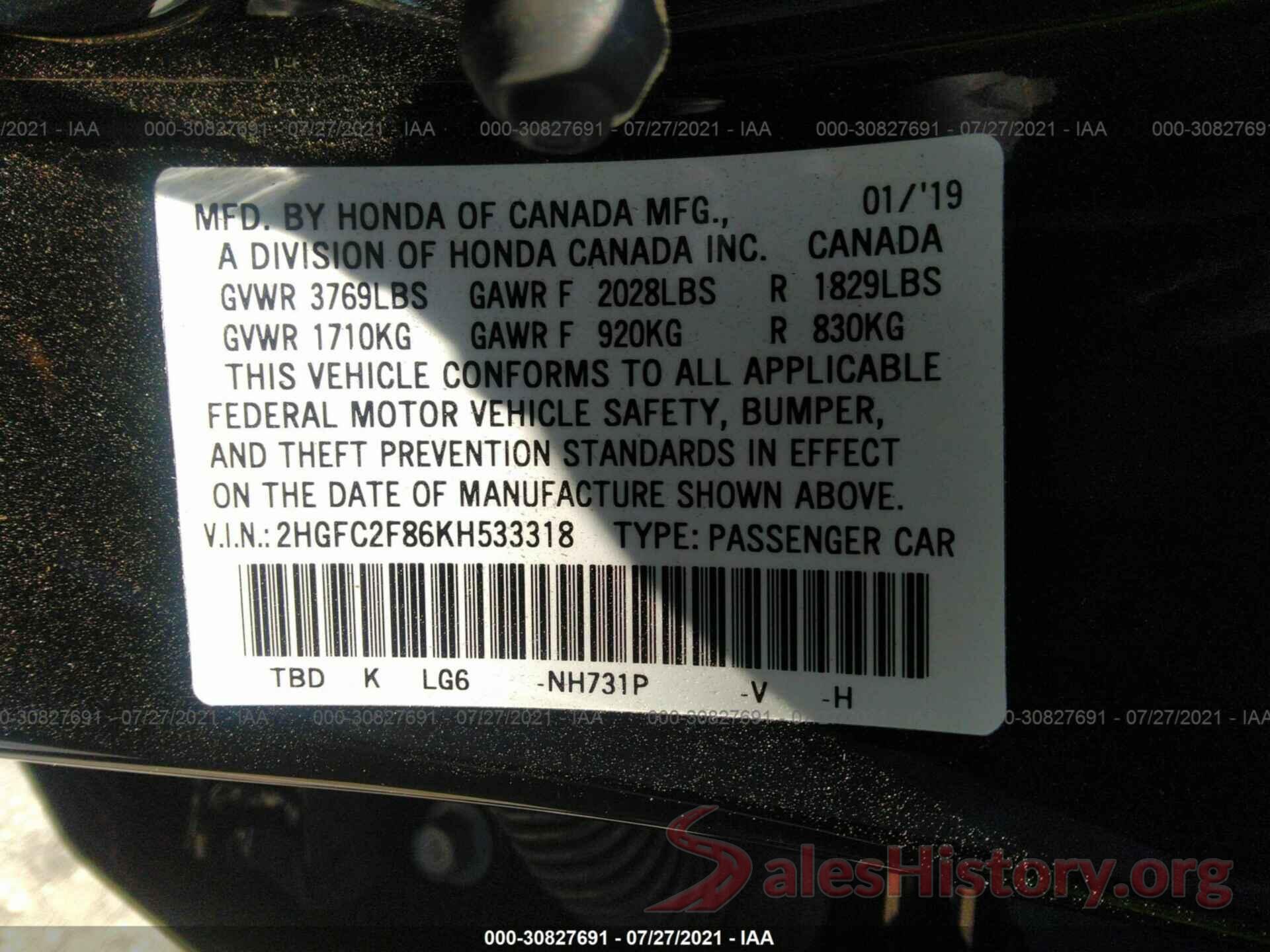 2HGFC2F86KH533318 2019 HONDA CIVIC SEDAN