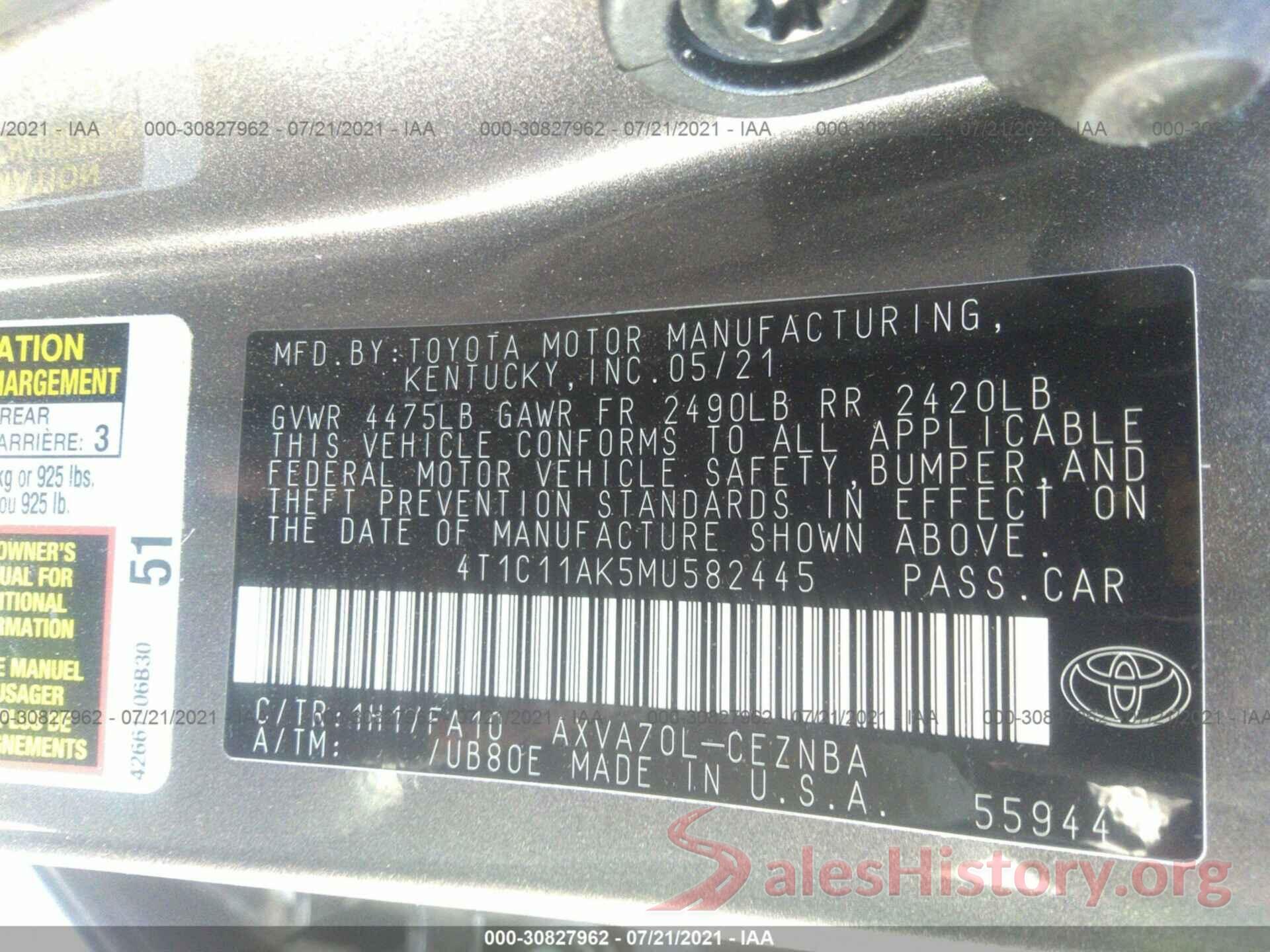 4T1C11AK5MU582445 2021 TOYOTA CAMRY