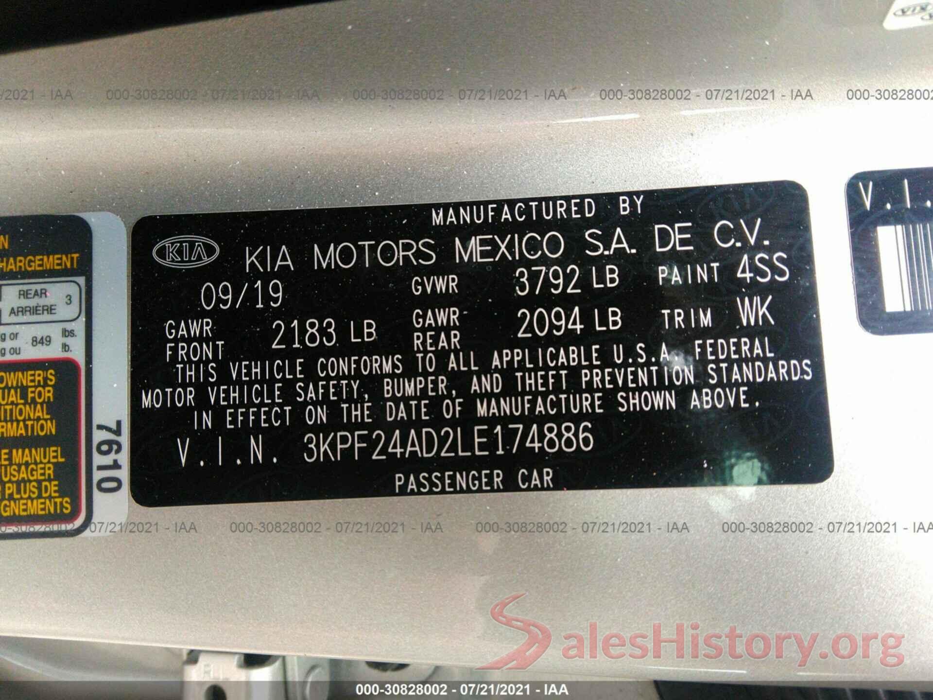 3KPF24AD2LE174886 2020 KIA FORTE