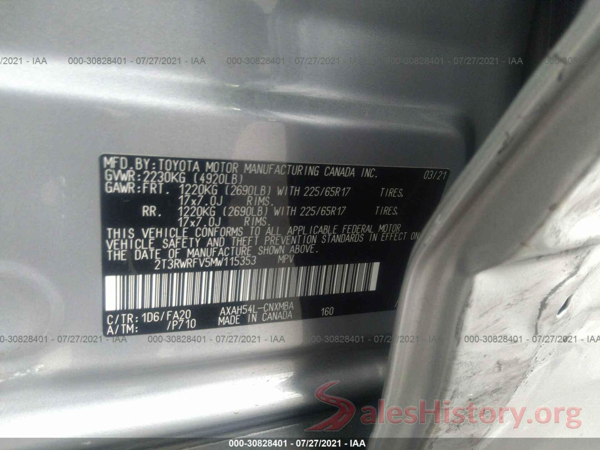 2T3RWRFV5MW115353 2021 TOYOTA RAV4